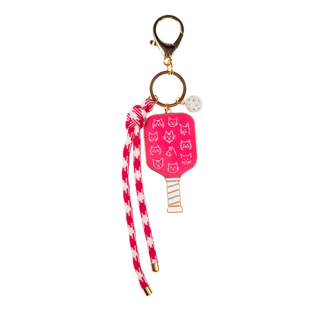 Private Vendor Sardine Pickleball Paddle knot strap keychain bag charm with colorful pickleball paddle design on a black background.
