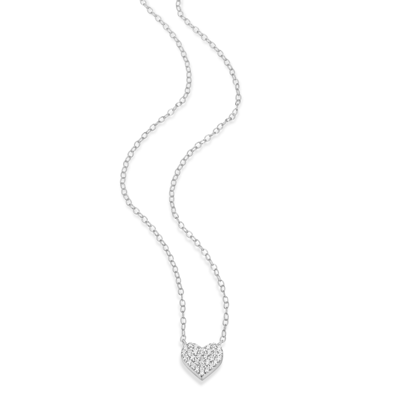 Monte Luna Pave Heart Necklace, silver heart pendant adorned with sparkling pave stones on a delicate chain.