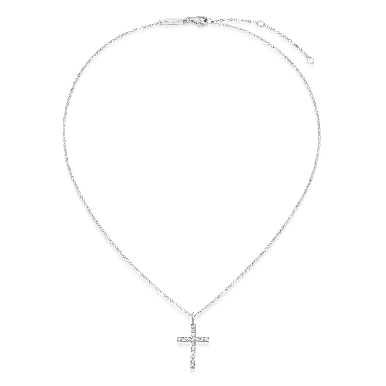 Monte Luna Medium Cross Lab-Created Diamond Pendant Necklace from M by Monte Luna featuring a silver chain and a diamond-adorned cross pendant.