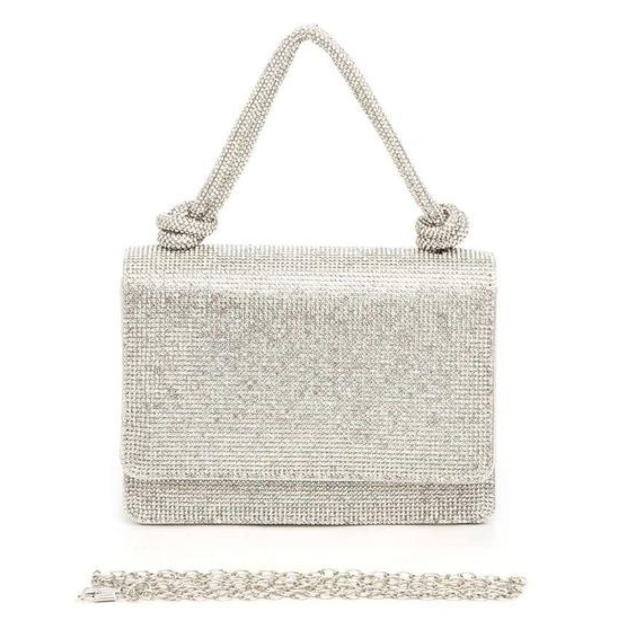 Small rhinestone top handle clutch bag for bridal or party occasions, featuring sparkling embellishments and a compact design.
