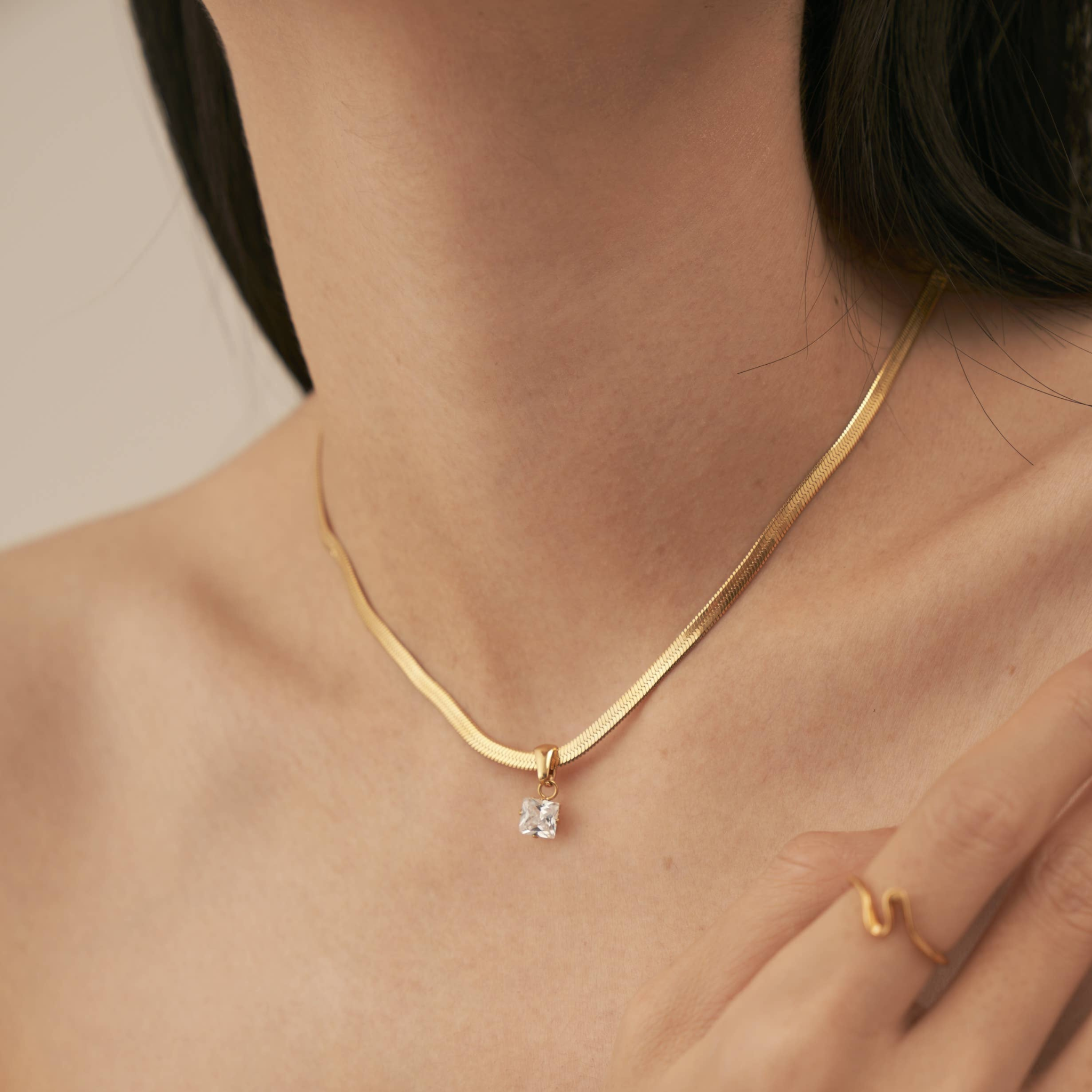 18k gold snake herringbone necklace with cz stone - Let's Bag It