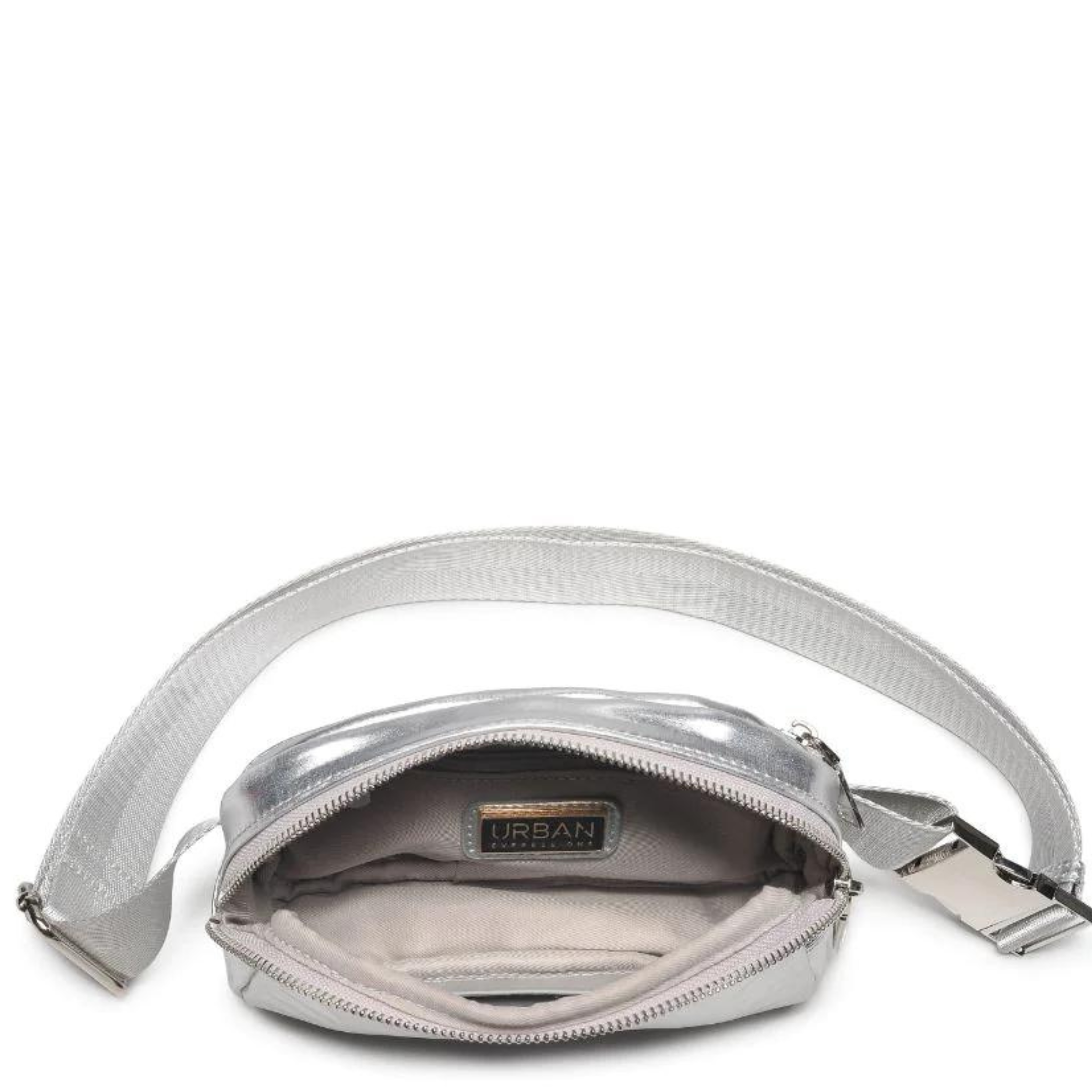 Urban Expressions Santi Belt Bag showing adjustable strap, compact design, and stylish exterior in black leather.