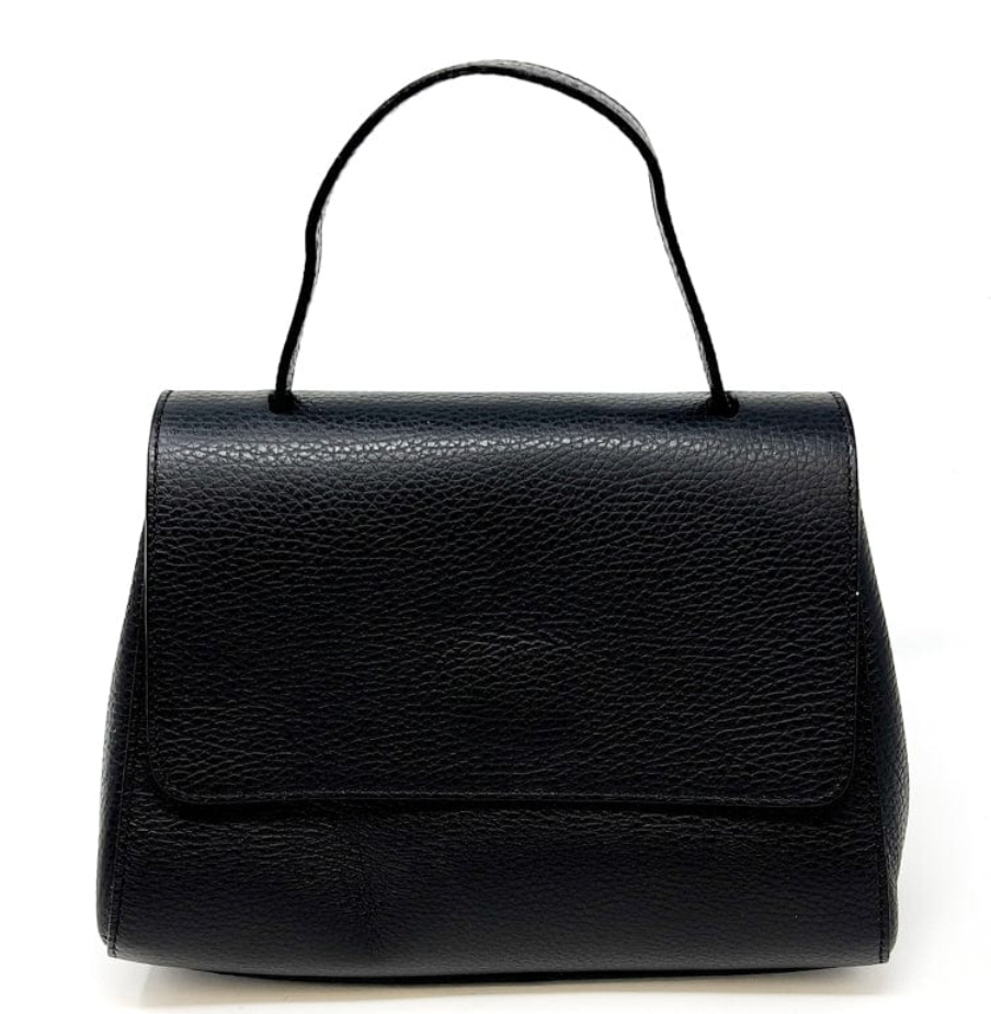 Black leather corporate baddie handbag by private label, stylish hand-held bag with sleek design and subtle branding.
