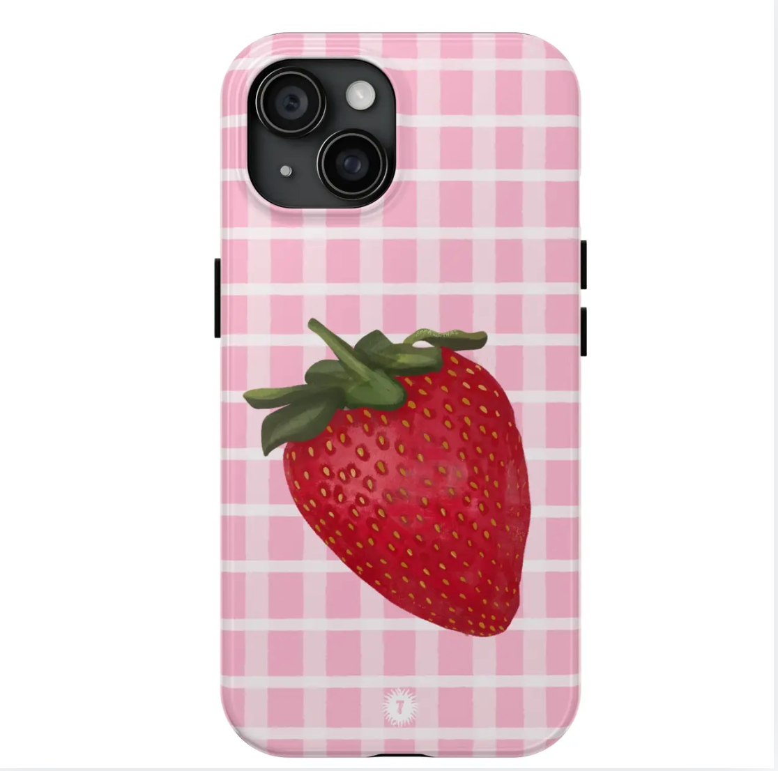 Light pink plaid phone case featuring a strawberry painting, designed for stylish protection and a unique look.