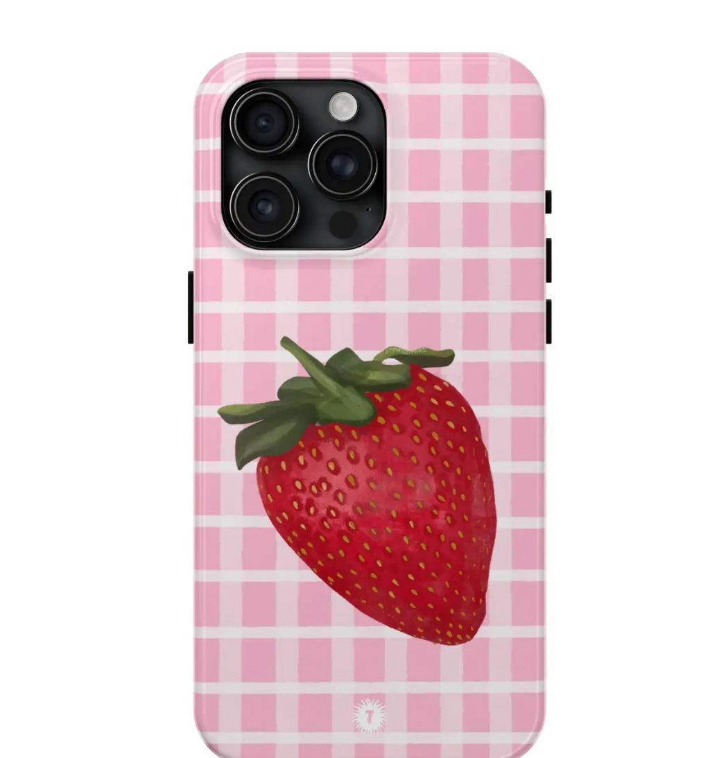 Light pink plaid phone case featuring a strawberry painting, designed by a private label brand.