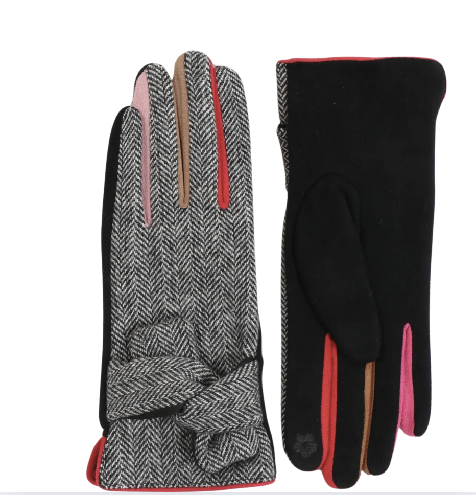 Black Herringbone Gloves with Contrasting Coloured Fingers - Let's Bag It