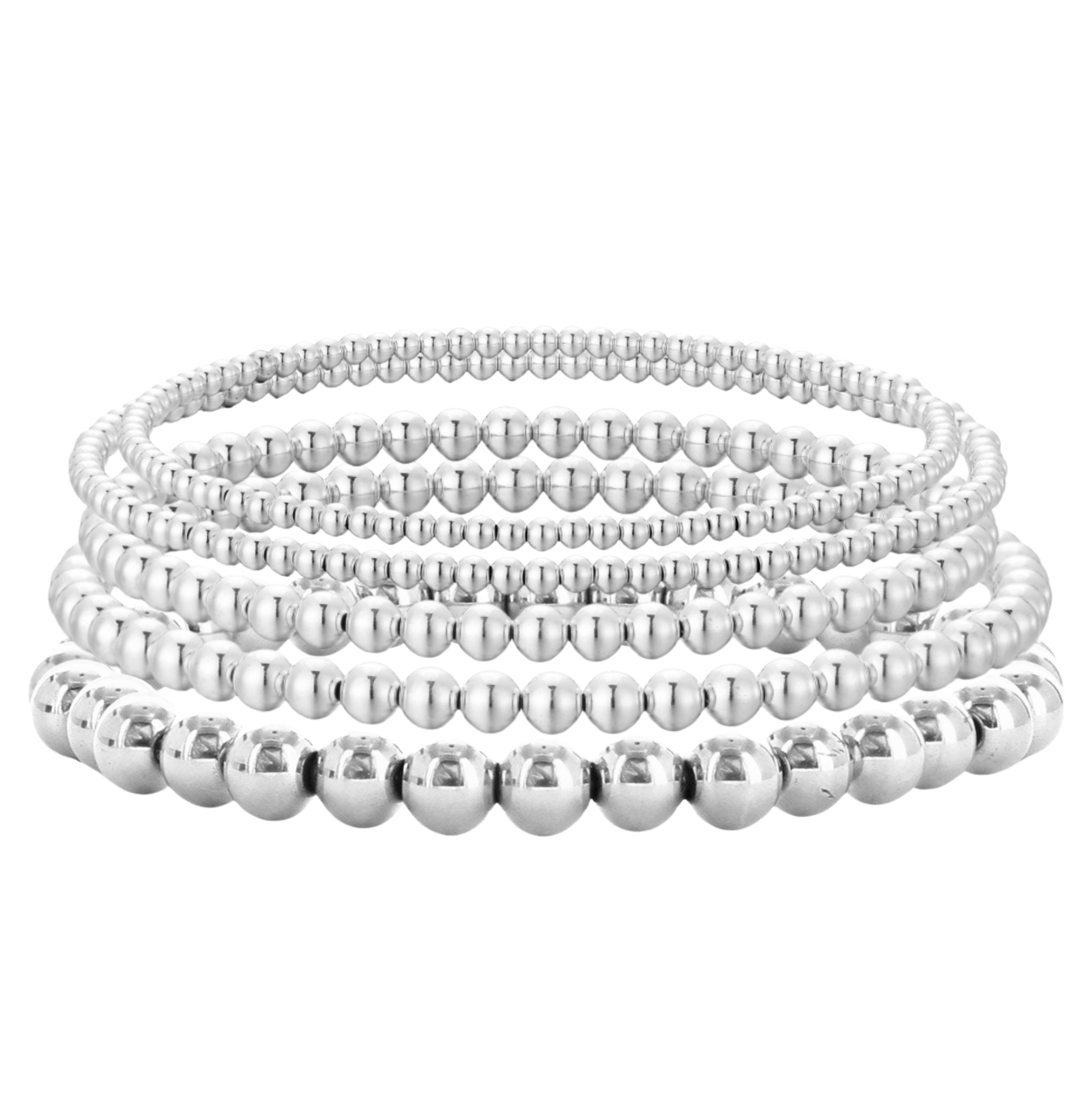 Set of five beaded stretch metal bracelets by The Skylar Project, featuring colorful beads and sleek metal accents.