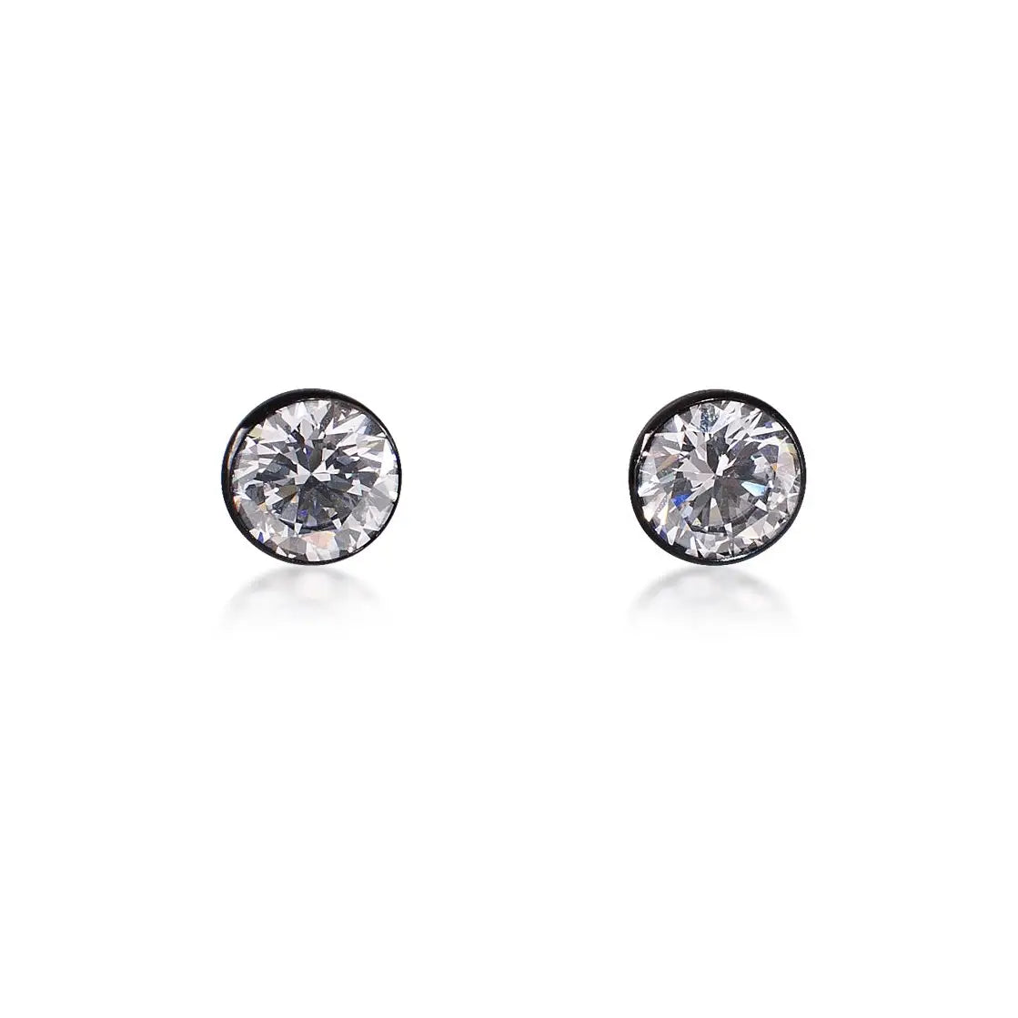 B.Tiff solitaire stud earrings featuring sparkling round-cut gemstones on classic metal settings.