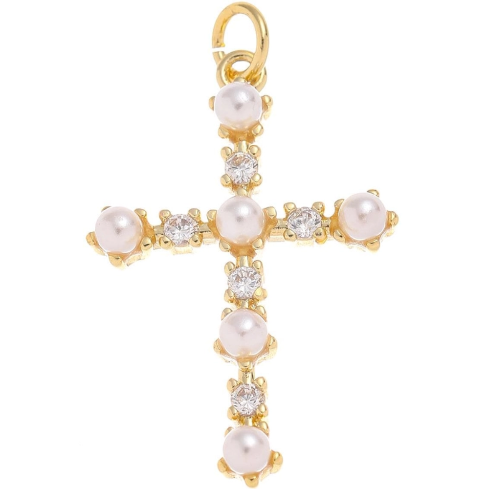 18k gold pearl cross charm with pave CZ, featuring intricate detailing and a luxurious finish.