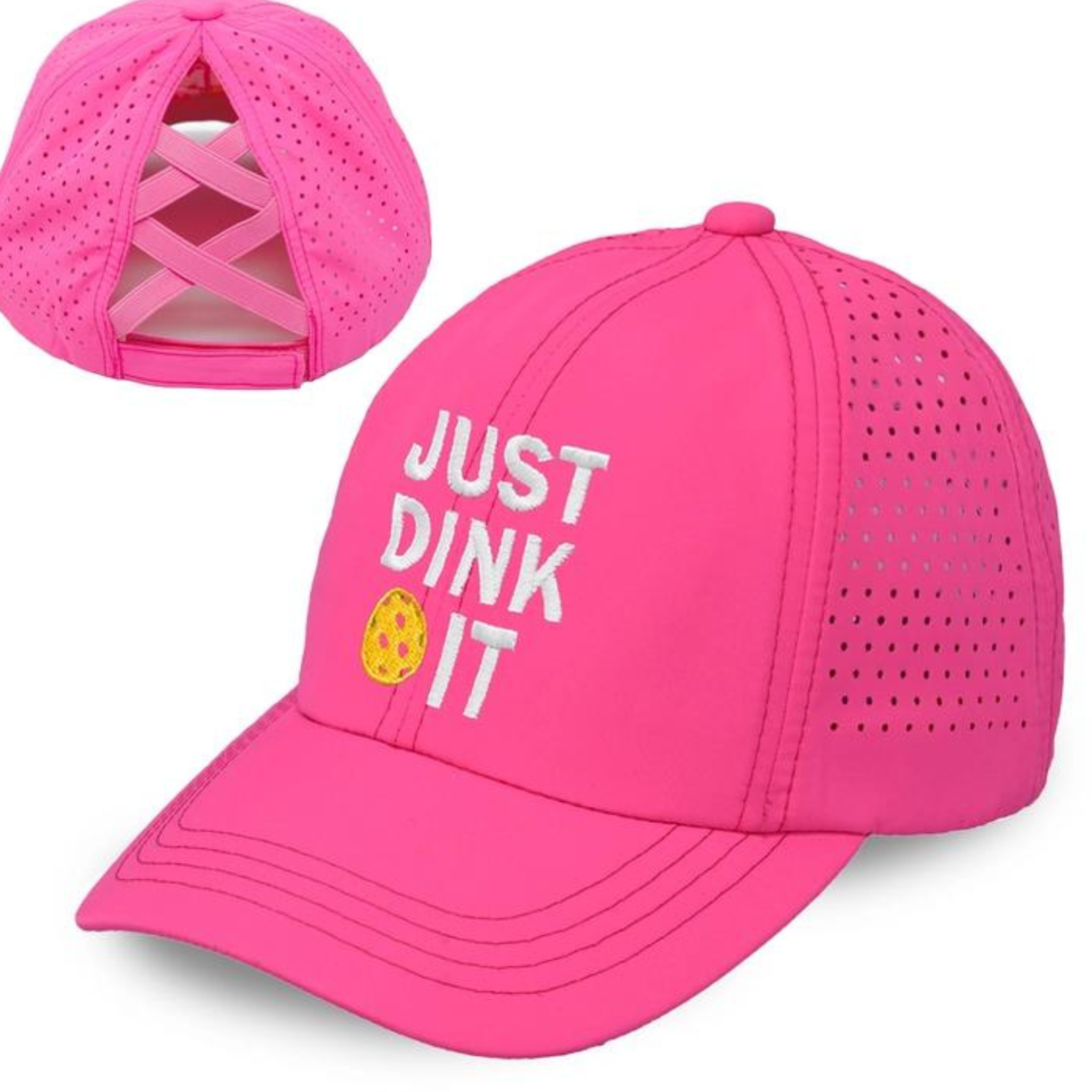 Hot pink criss cross laser cut running cap by Funky Junque, featuring a stylish design for active wear.