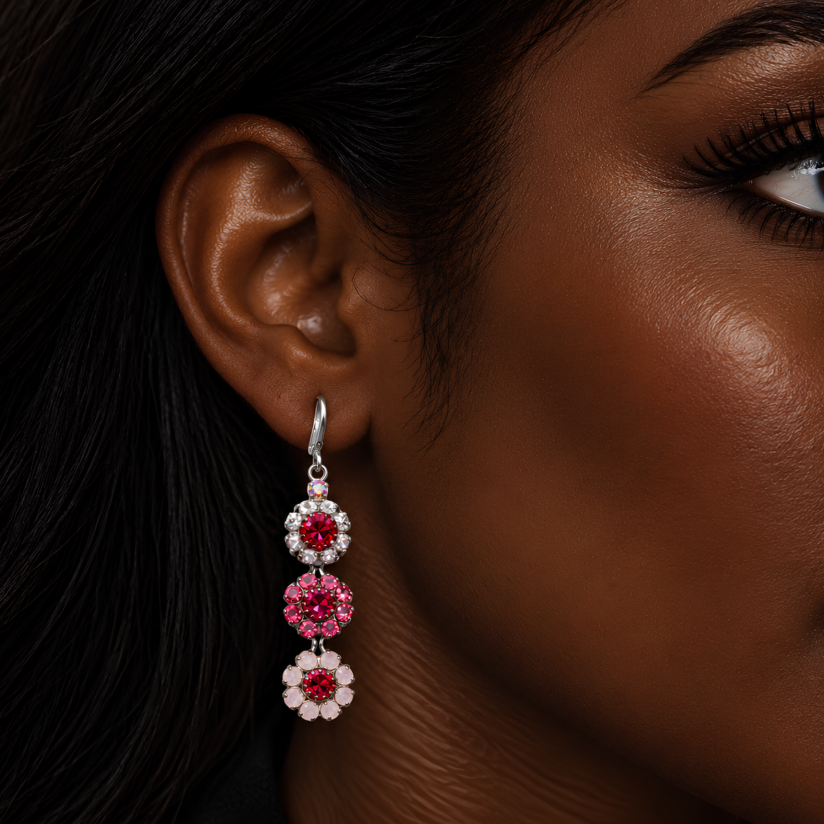 Private label 3 Flower CZ Swarovski earrings featuring sparkling crystal flower designs for elegant jewelry wear