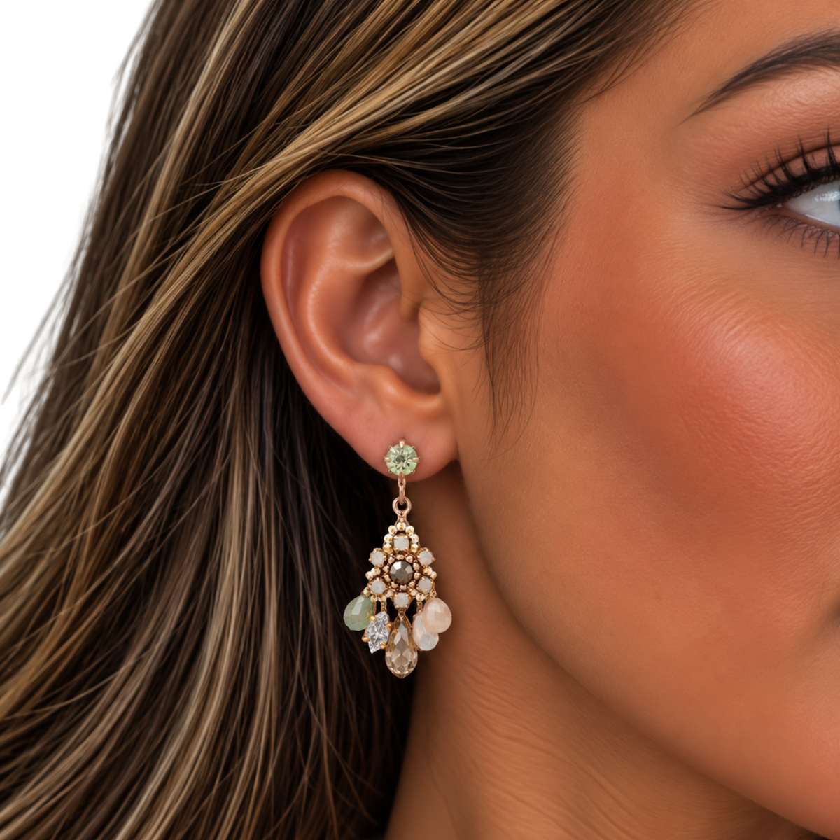 Tai Jewelry multi-bead and gem chandelier earring with colorful beads and sparkling gems dangling from a silver hook.