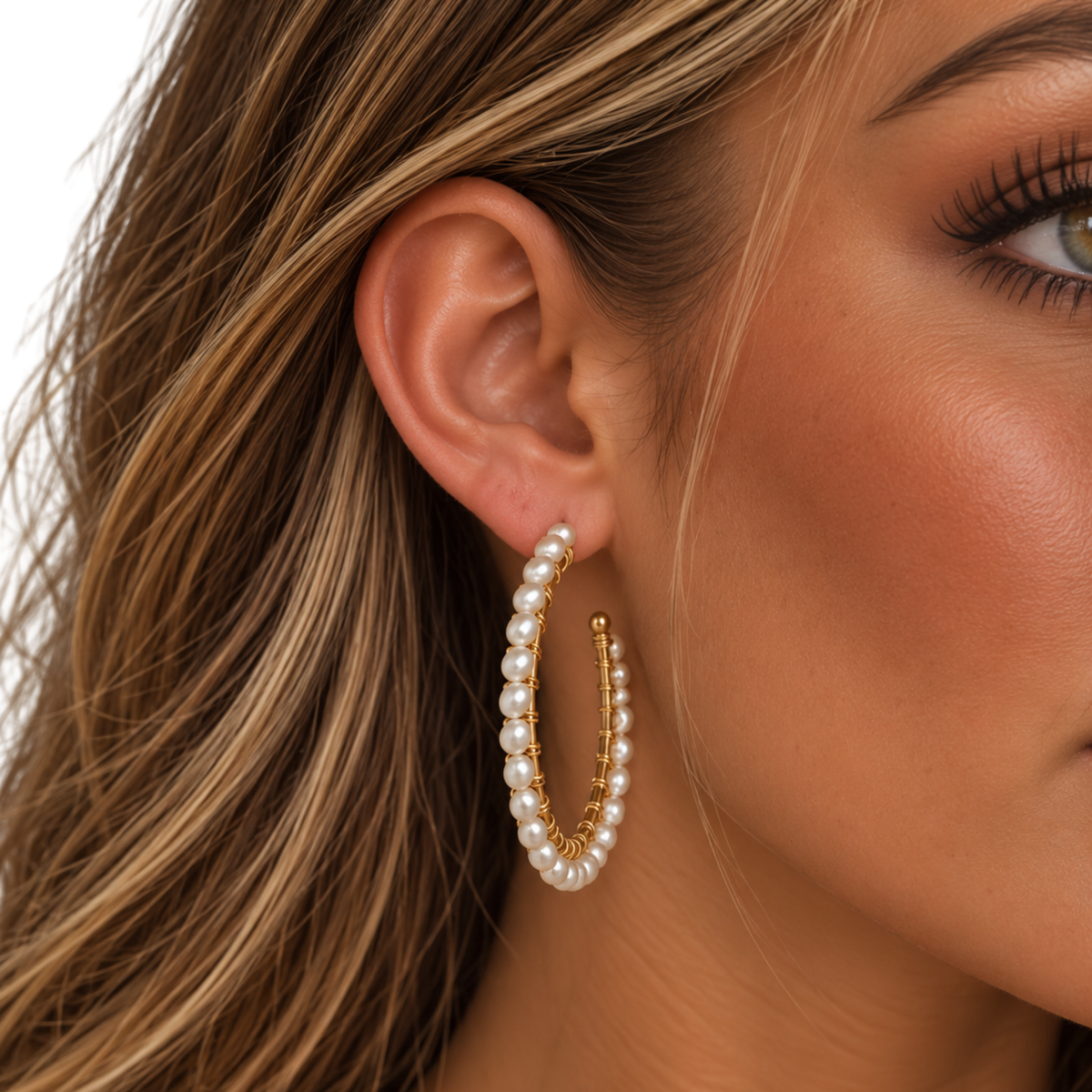 Sahira Jewelry Design Marilyn Pearl Hoops earrings with elegant pearl accents and gold-tone hoops, stylish and sophisticated jewelry.