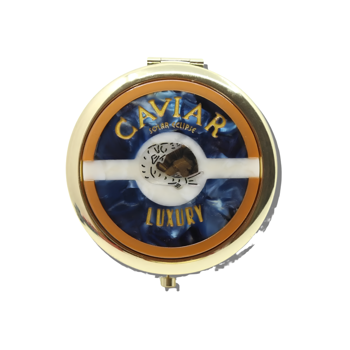 Solar Eclipse hand-painted caviar handbag-themed mirror compact with detailed floral design and gold accents.