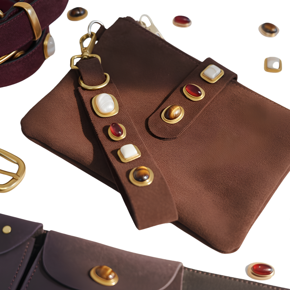 Gemstone Suede Wristlet Pouch & Keychain