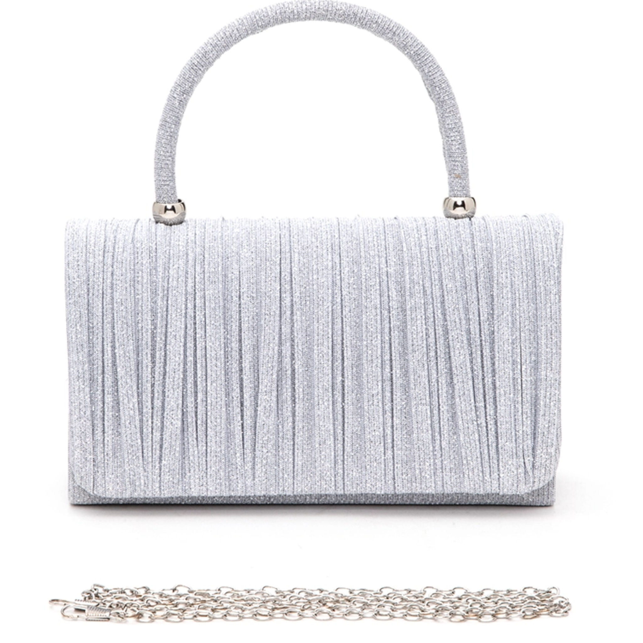 Lurex pleated top handle evening clutch bag with a shimmering finish and elegant design in a stylish setting.