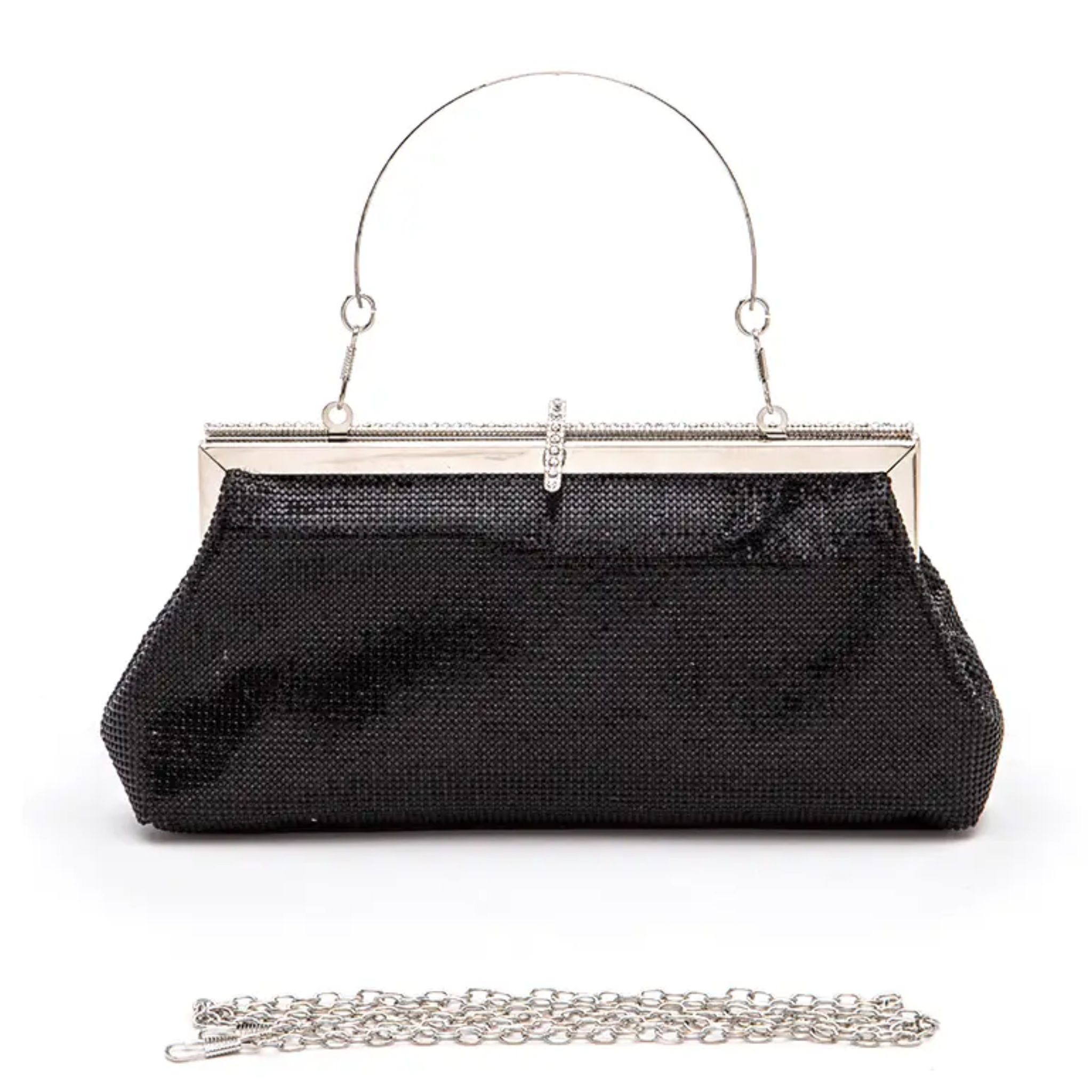 Elegant evening clutch bag with rhinestone clasp and top handle, convertible for versatile styling by Private Label.