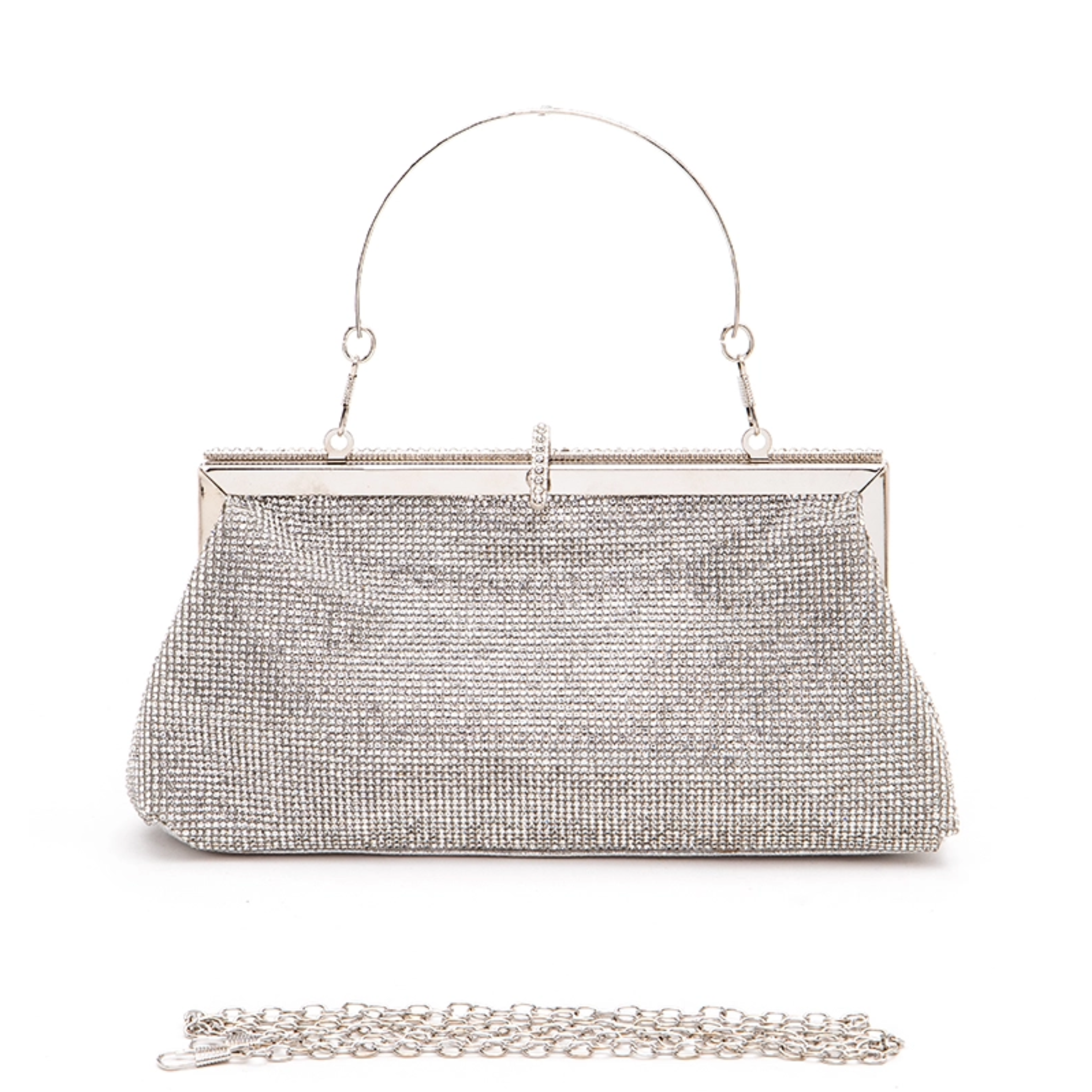 Elegant evening clutch bag with rhinestone clasp and top handle, featuring a convertible design in a stylish private label brand style.
