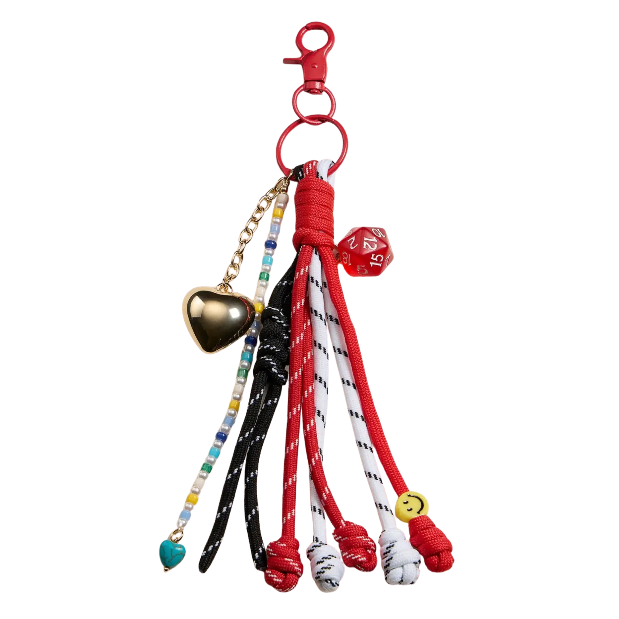 Gold D20 Dice and Heart | Charm Keychain with Red Rope Accent