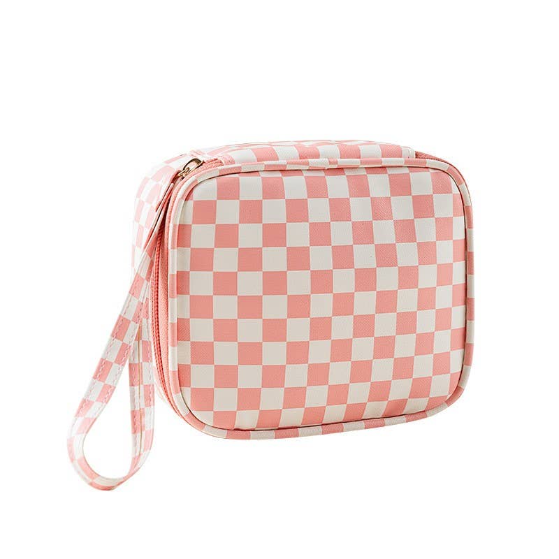 Private label travel checker makeup pouch bag with multiple compartments for cosmetics and toiletries.