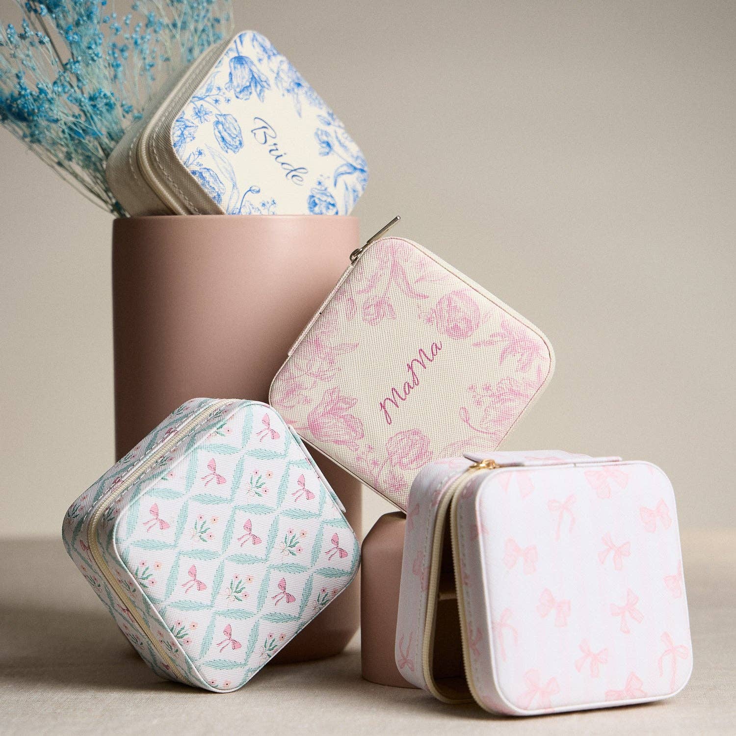 Travel-Ready Blue Floral | Jewelry Box with Pink Bow