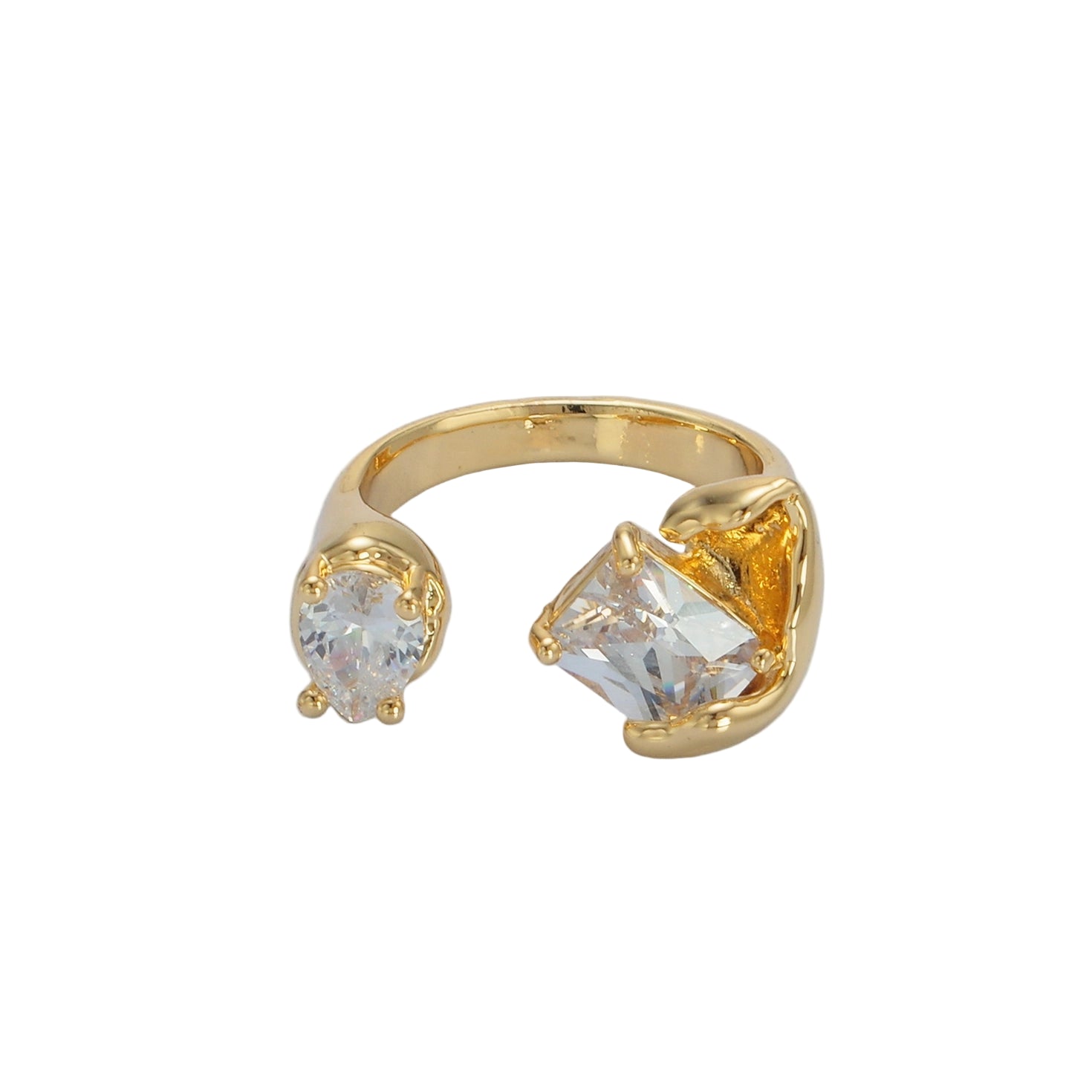Gold ring with clear gemstones on a light gray background