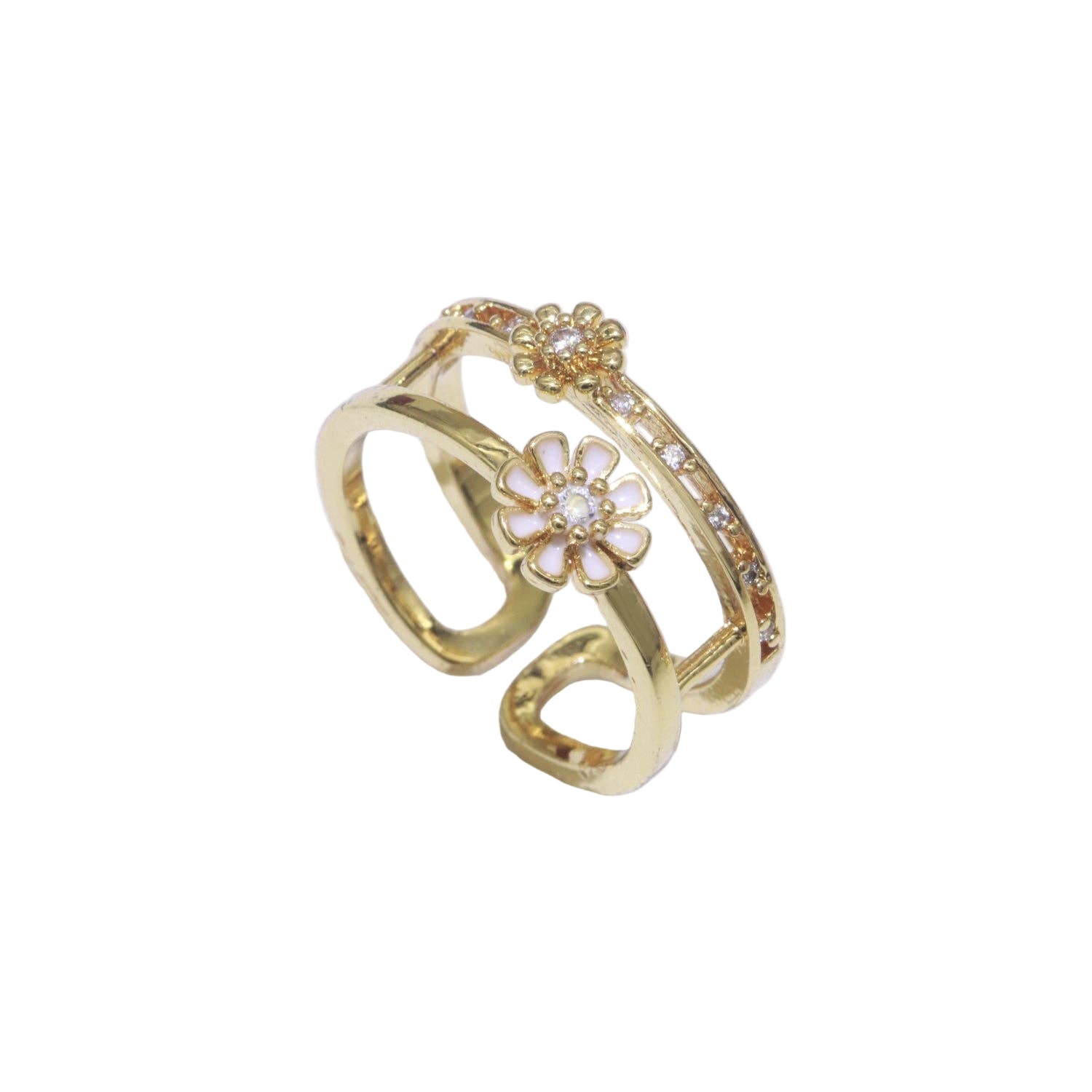 Gold filled enamel daisy open ring featuring delicate floral design, suitable for everyday wear or special occasions.
