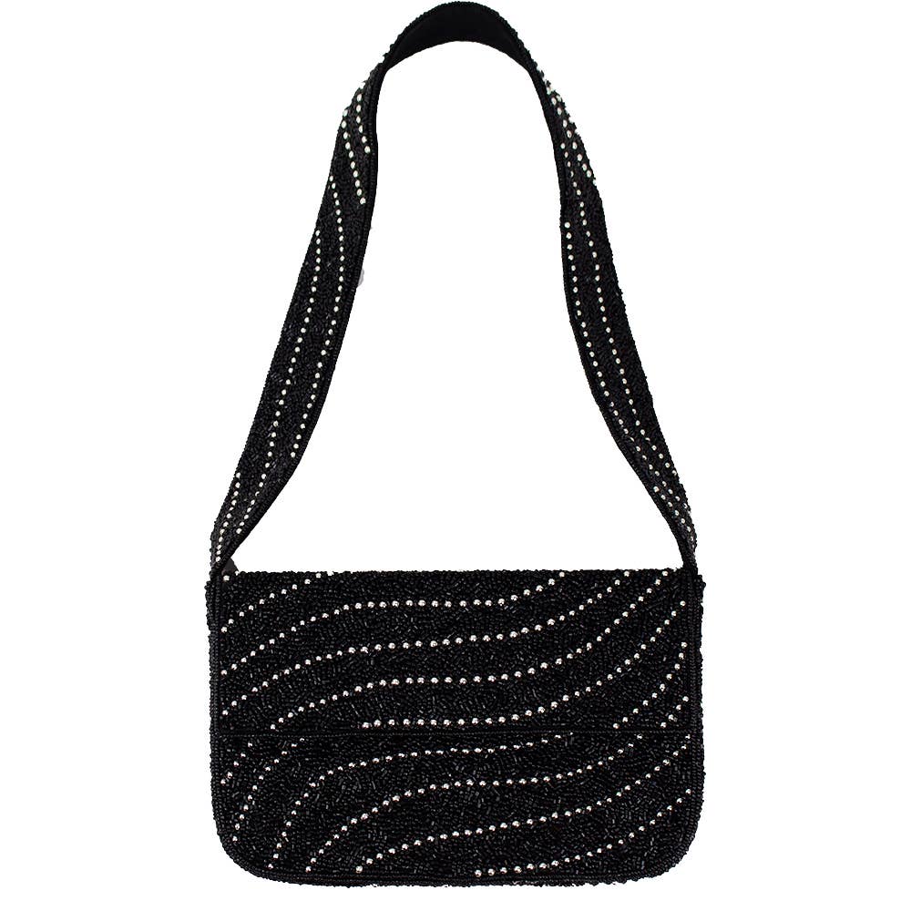 ELEGANT SWIRLS BLACK SHINE BEADED SHOULDER BAG