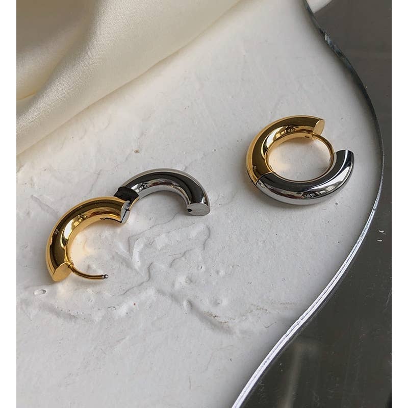 Two-tone earrings with hinge French cleat closure, showcasing a stylish design and modern aesthetic.