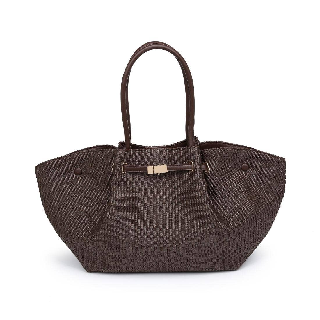 Urban Expressions Kaia straw tote with woven texture and spacious interior, ideal for summer outings and beach trips.