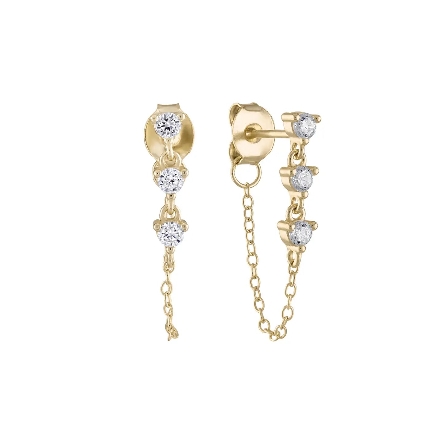 Mini 14k vermeil cubic zirconia dangle chain stud earrings by Private Label Jewelry, showcasing elegant, sparkling jewelry.