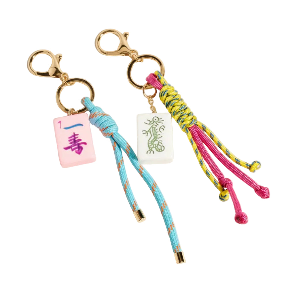 Mahjong tile knot strap drop keychain bag charm with intricate design, ideal for accessories and key organization.