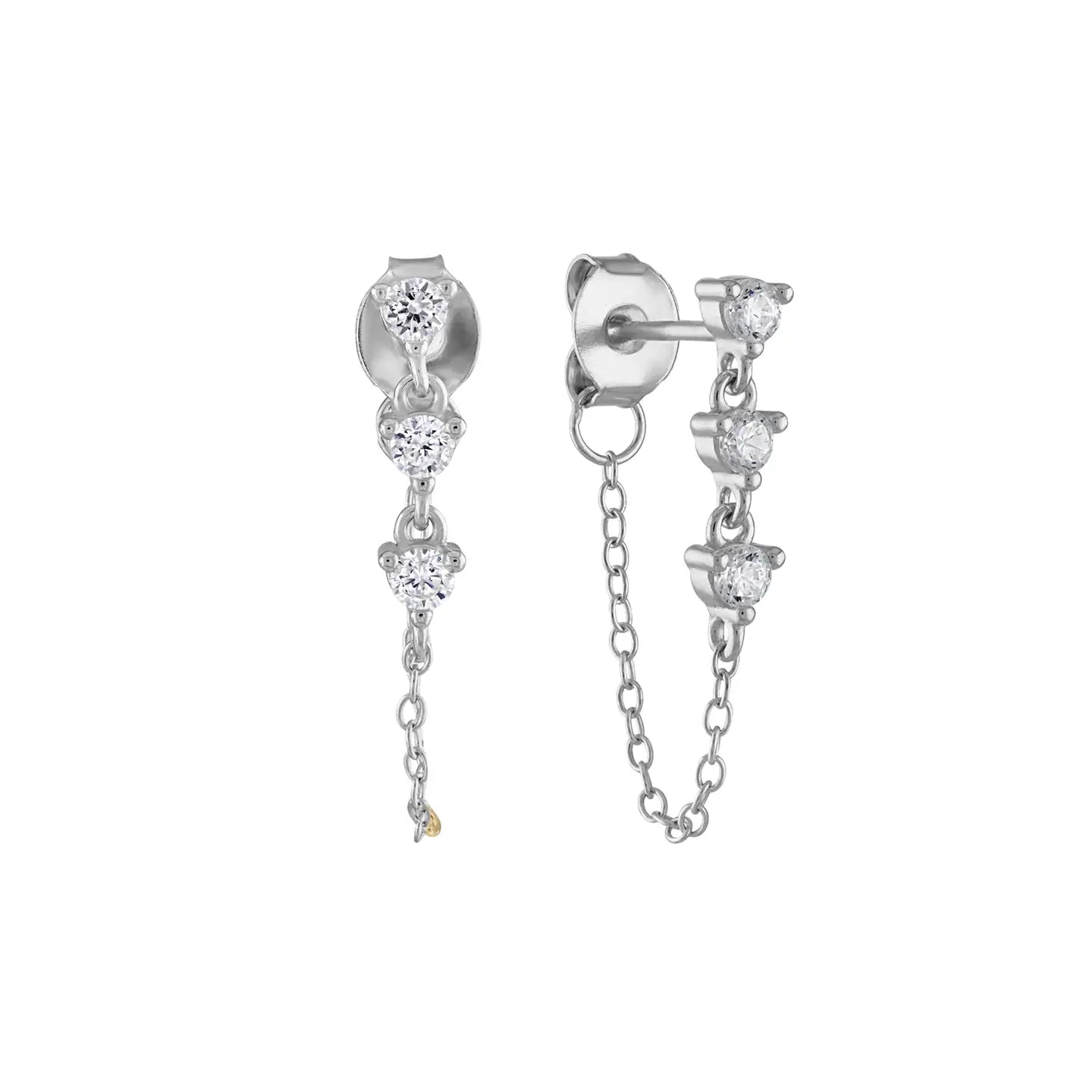 Silver earrings with chain and gemstones on a white background