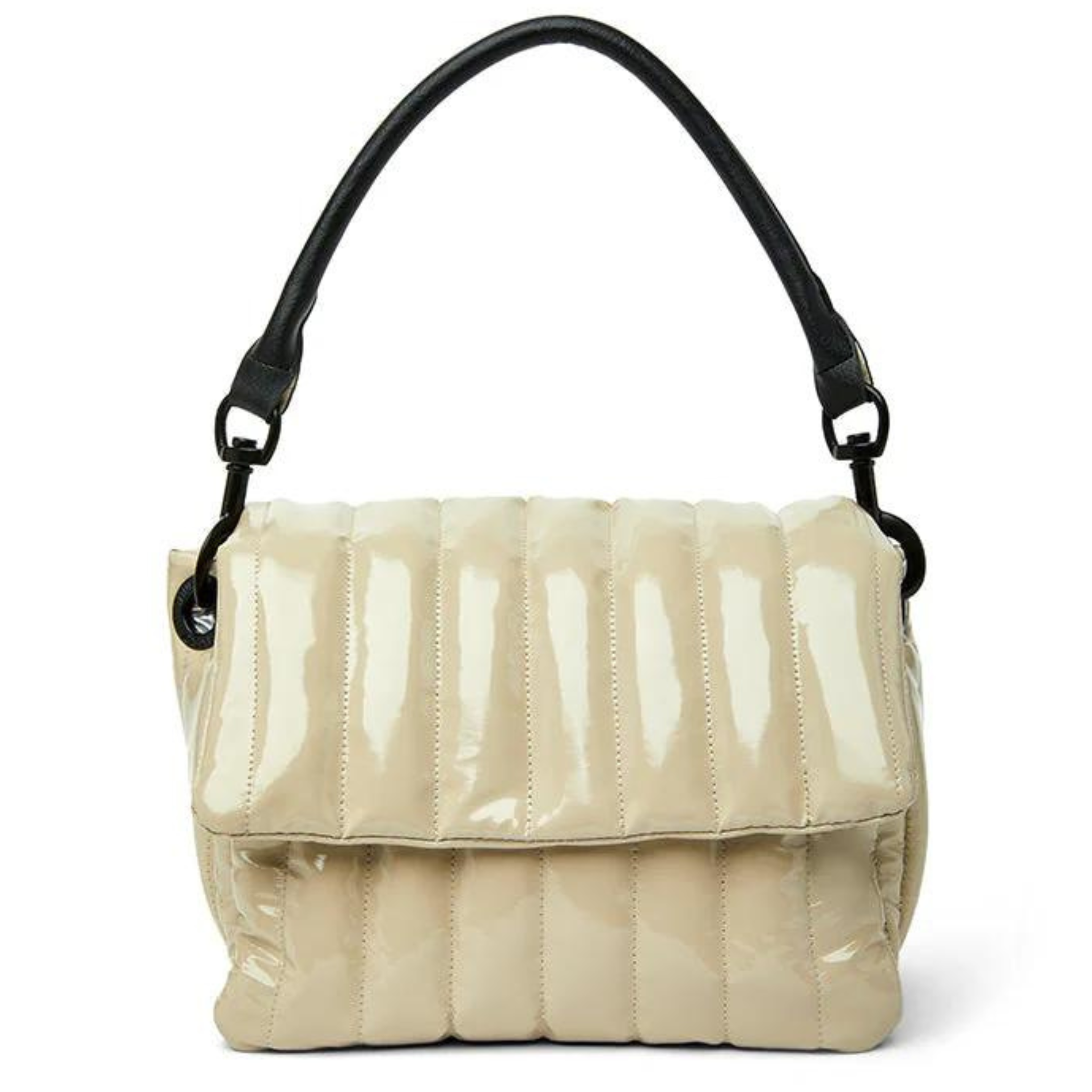 Blonde patent leather BAR BAG by Think Royln, featuring a sleek design and compact shape for everyday use.