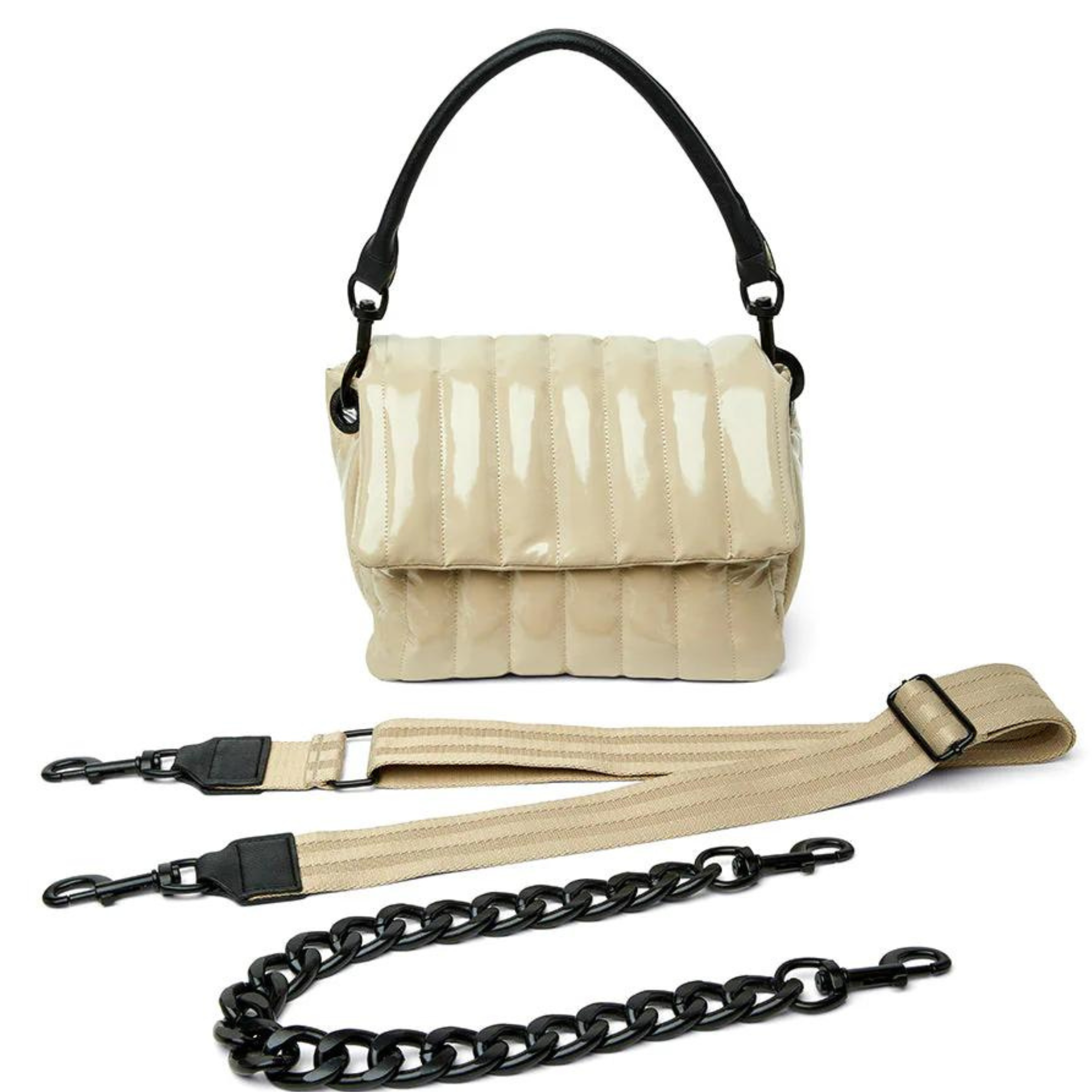 Blonde patent leather BAR BAG by Think Royln, showcasing a stylish and modern design perfect for any occasion.