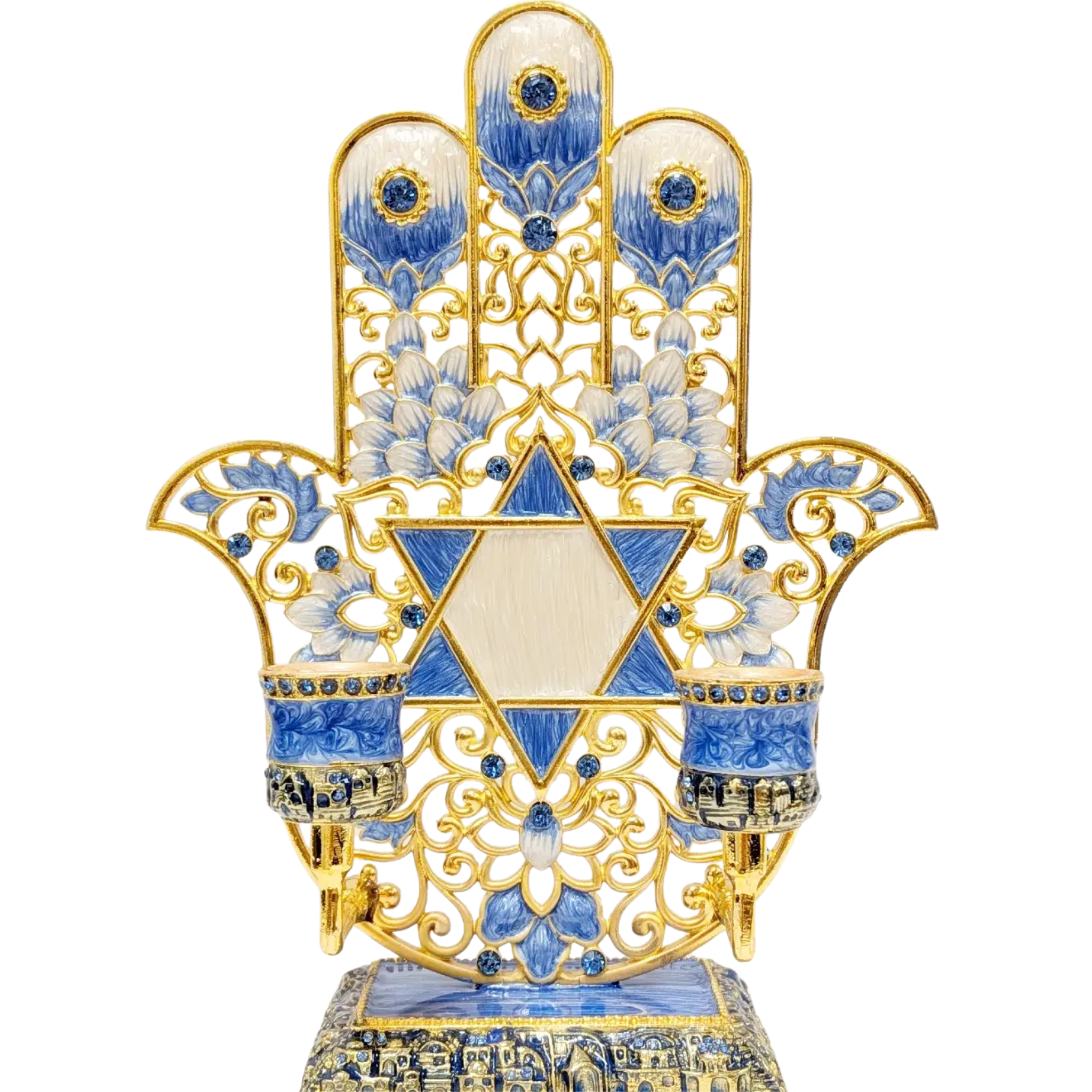 Black hair clip with rhinestones featuring a Blue Hamsa Star of David design candle holder giftware by Private Label