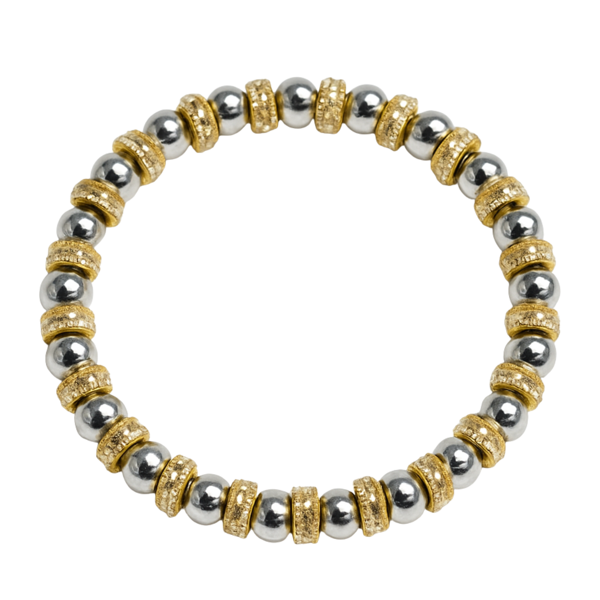 6 mm silver bracelet with gold baller spacers by The Skylar Project, showcasing elegant design and craftsmanship.