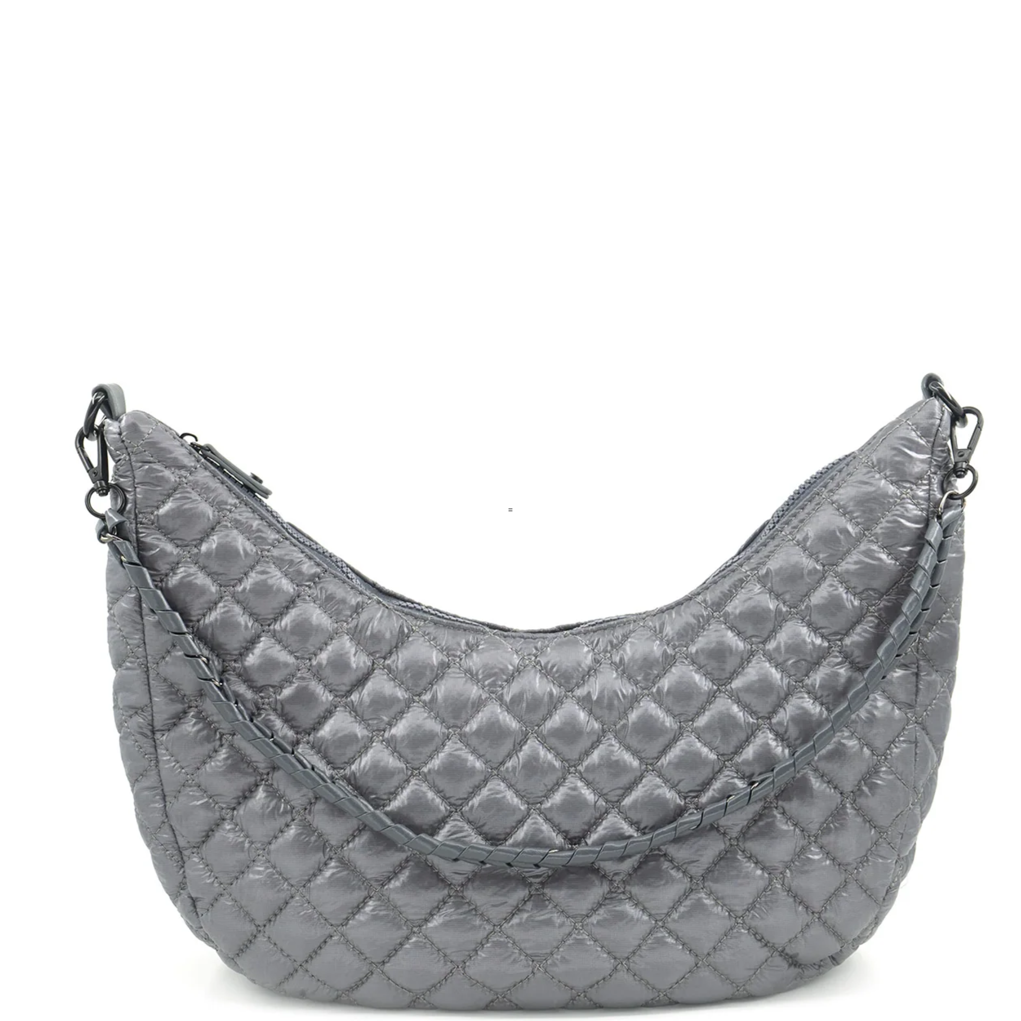 Black quilted Bc Handbags crossbody bag with rhinestone hair clip accessory, stylish and compact for everyday use.