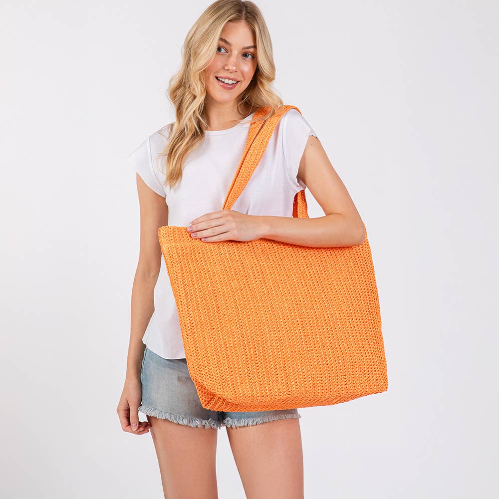 Solid crochet straw tote bag, stylish beach handbag with woven design, ideal for summer outings and casual carry.