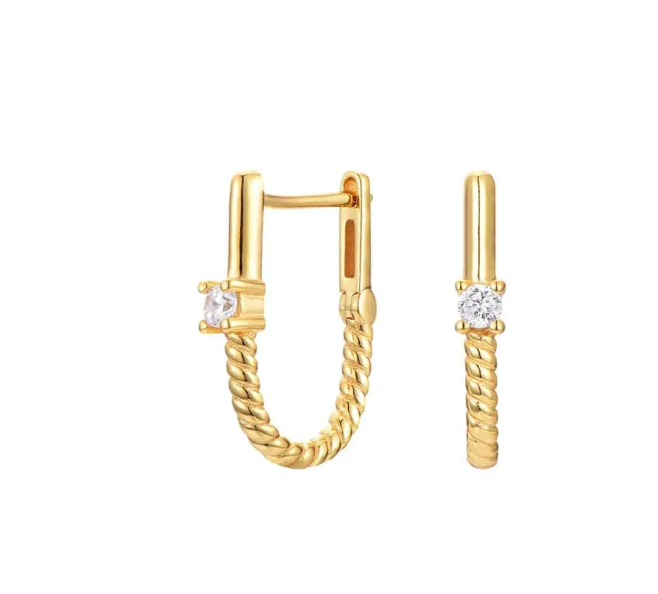 14K gold Roped In huggie hoop earrings with a sleek steel design, showcasing a stylish, modern look.