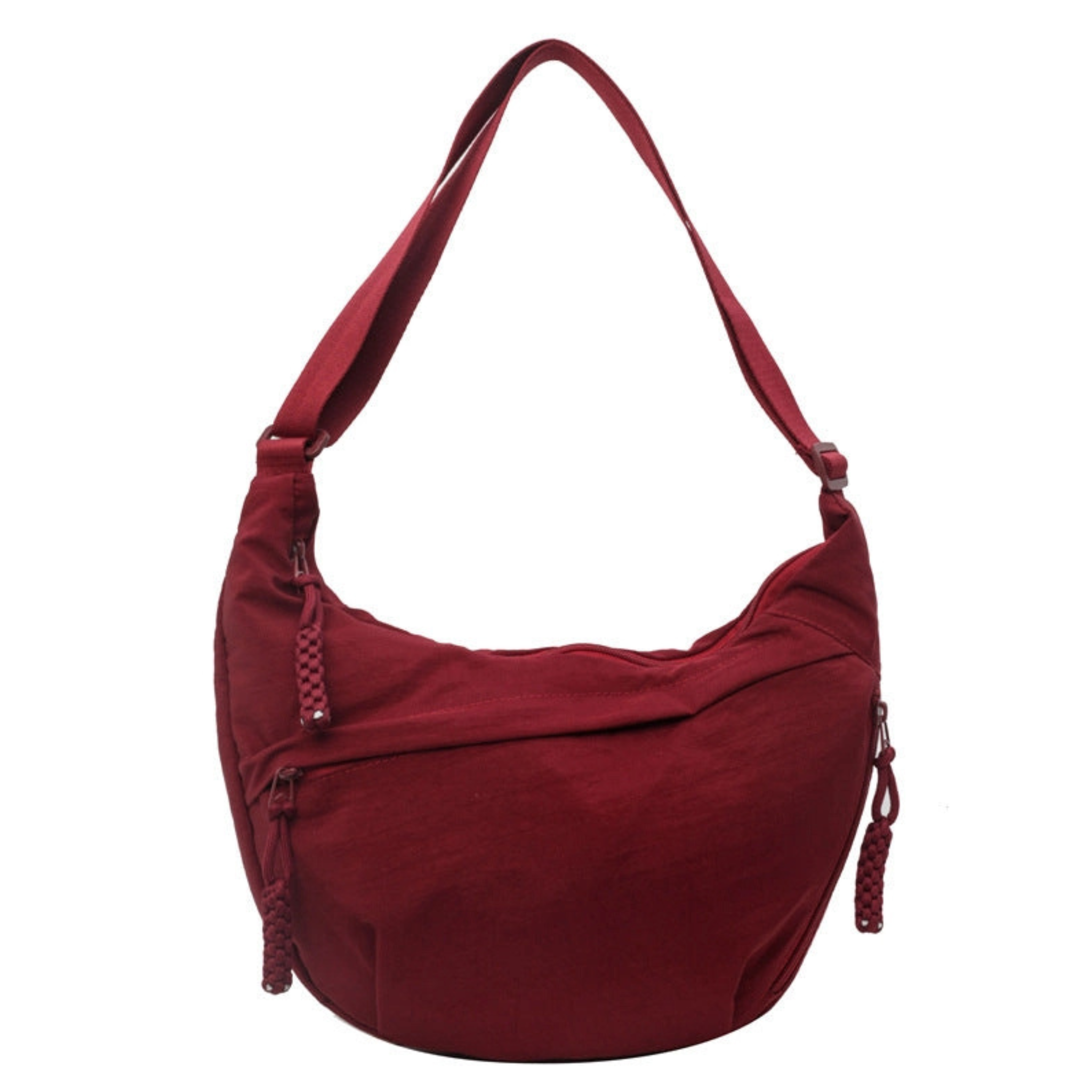 Cherry wine nylon shoulder bag with large capacity, stylish handbag from private label with smooth solid color design.