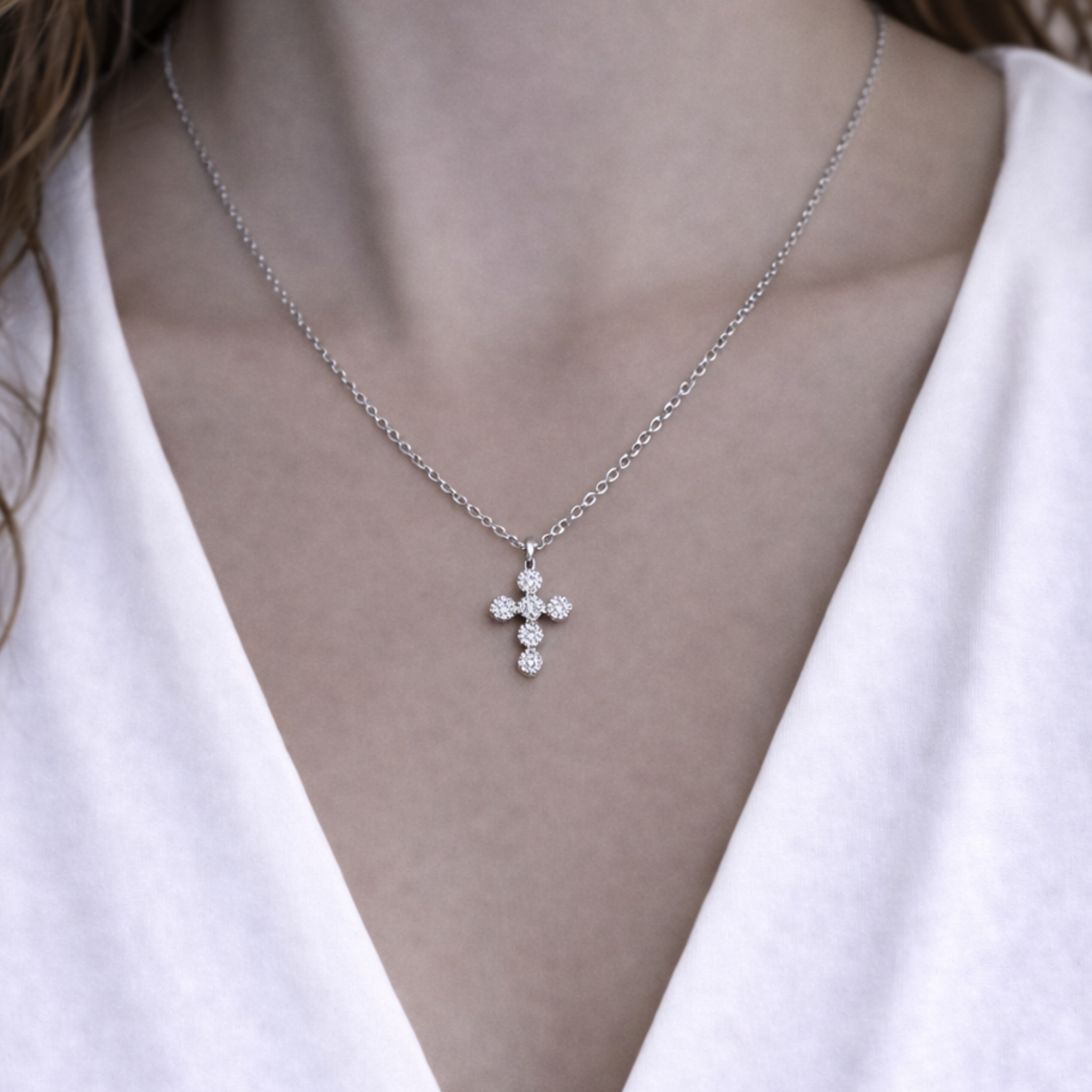 Silver Bubble Cross Necklace with delicate chain and a stylish cross pendant, perfect for layering or everyday wear.
