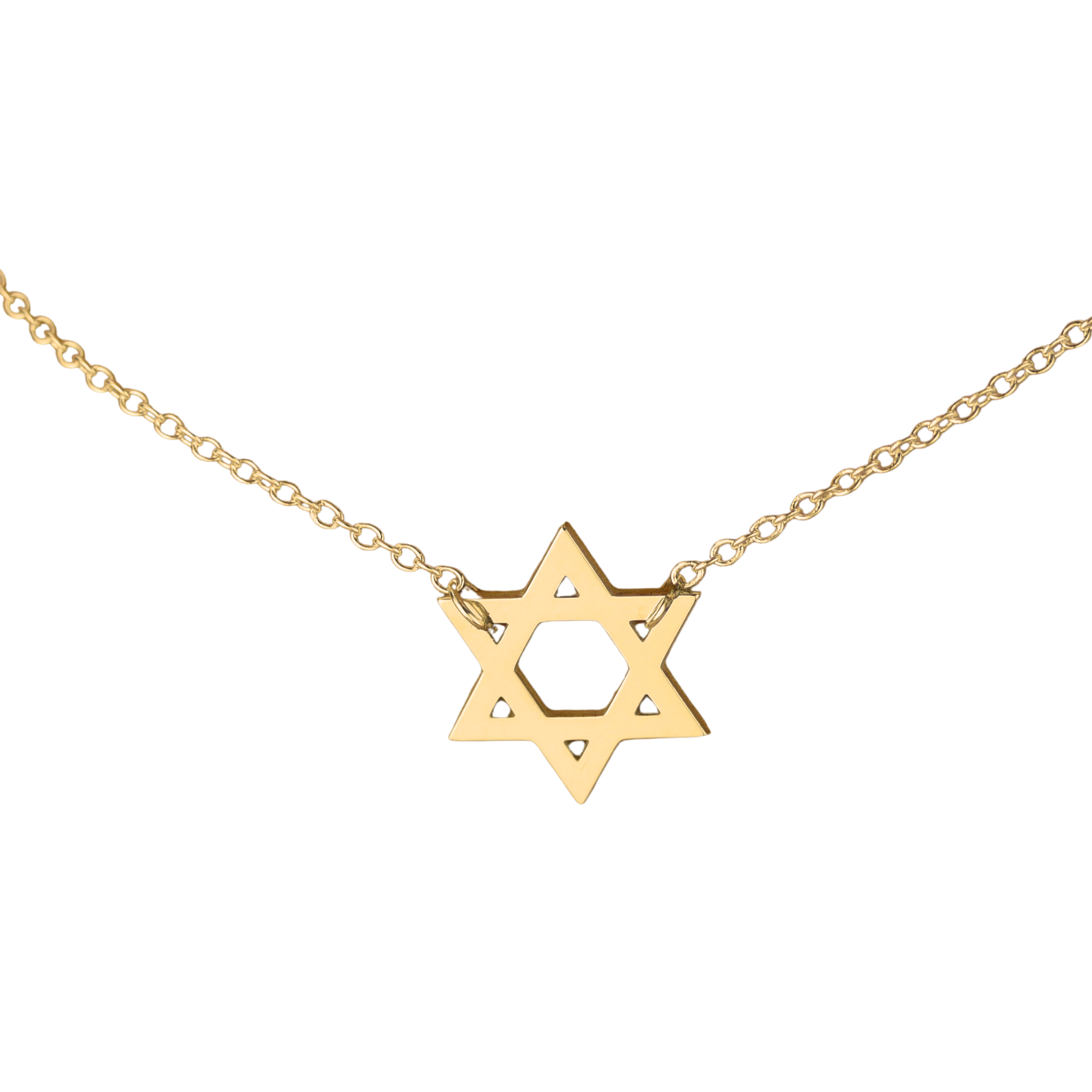 Silver Star of David necklace with delicate chain against a white background.