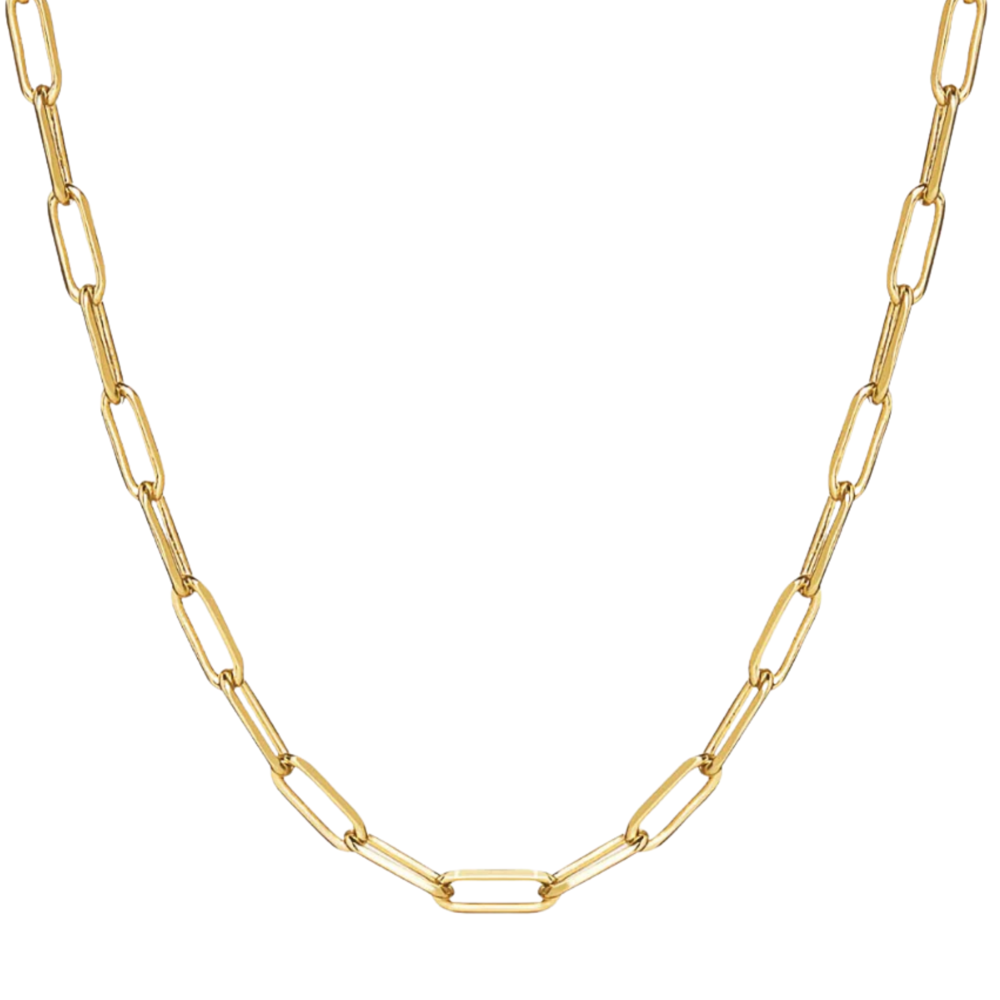 Silver paperclip necklace chain featuring elongated links in a minimalist design. Ideal for layering or everyday wear.