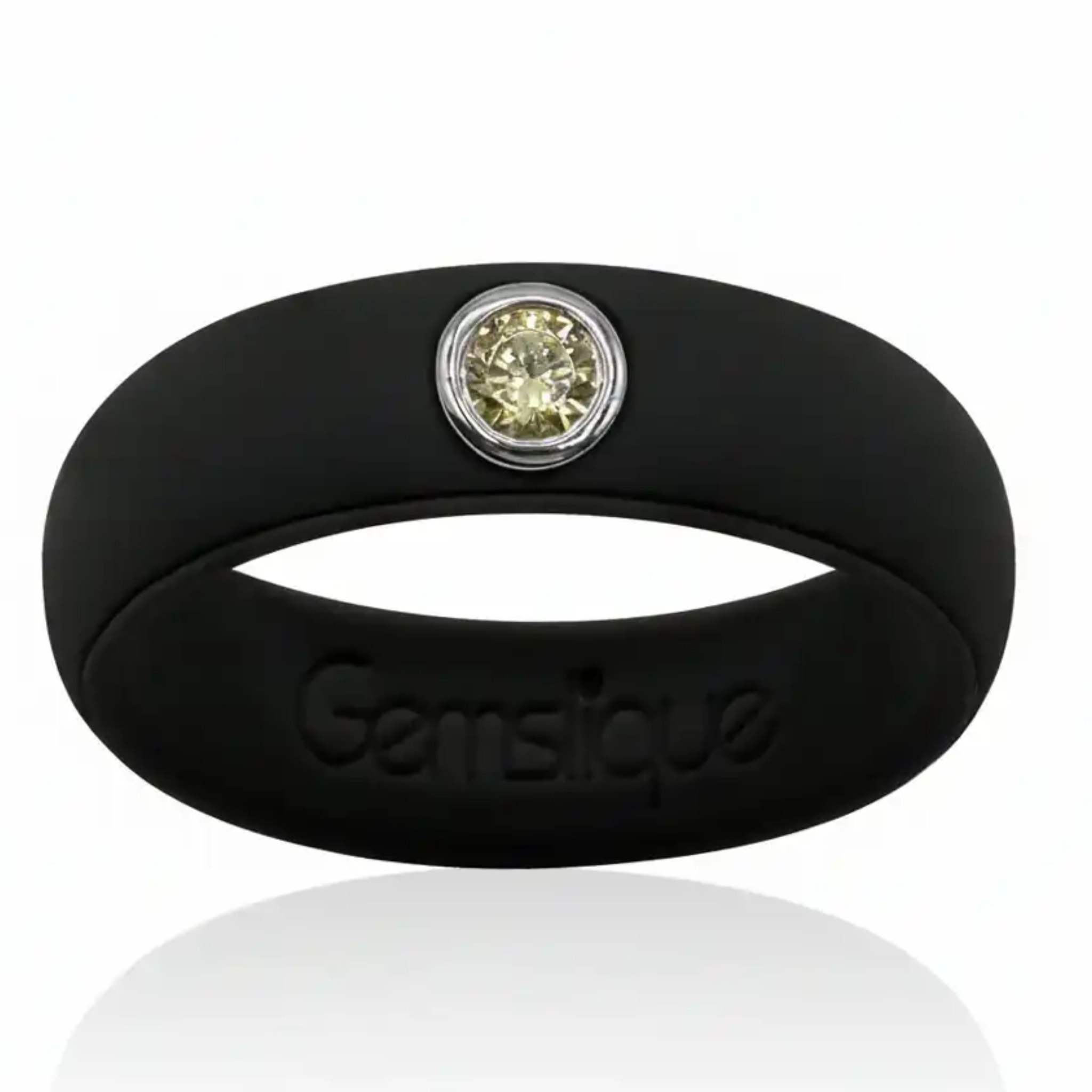 Yellow cubic zirconia silicone ring by Gemslique, showcasing a vibrant yellow stone set in a flexible silicone band.