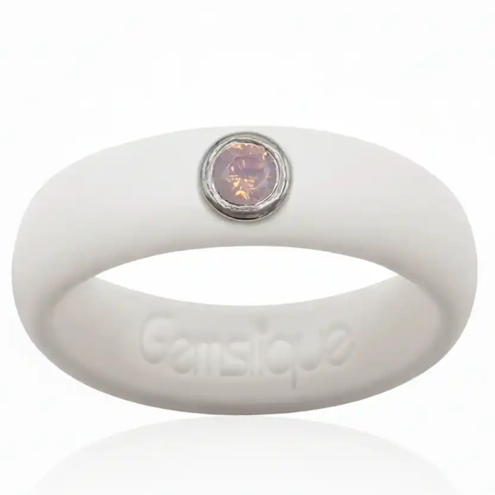 Pink Opal Cubic Zirconia Silicone Ring by Gemslique, showcasing a soft pink hue and sparkling details on a flexible band.