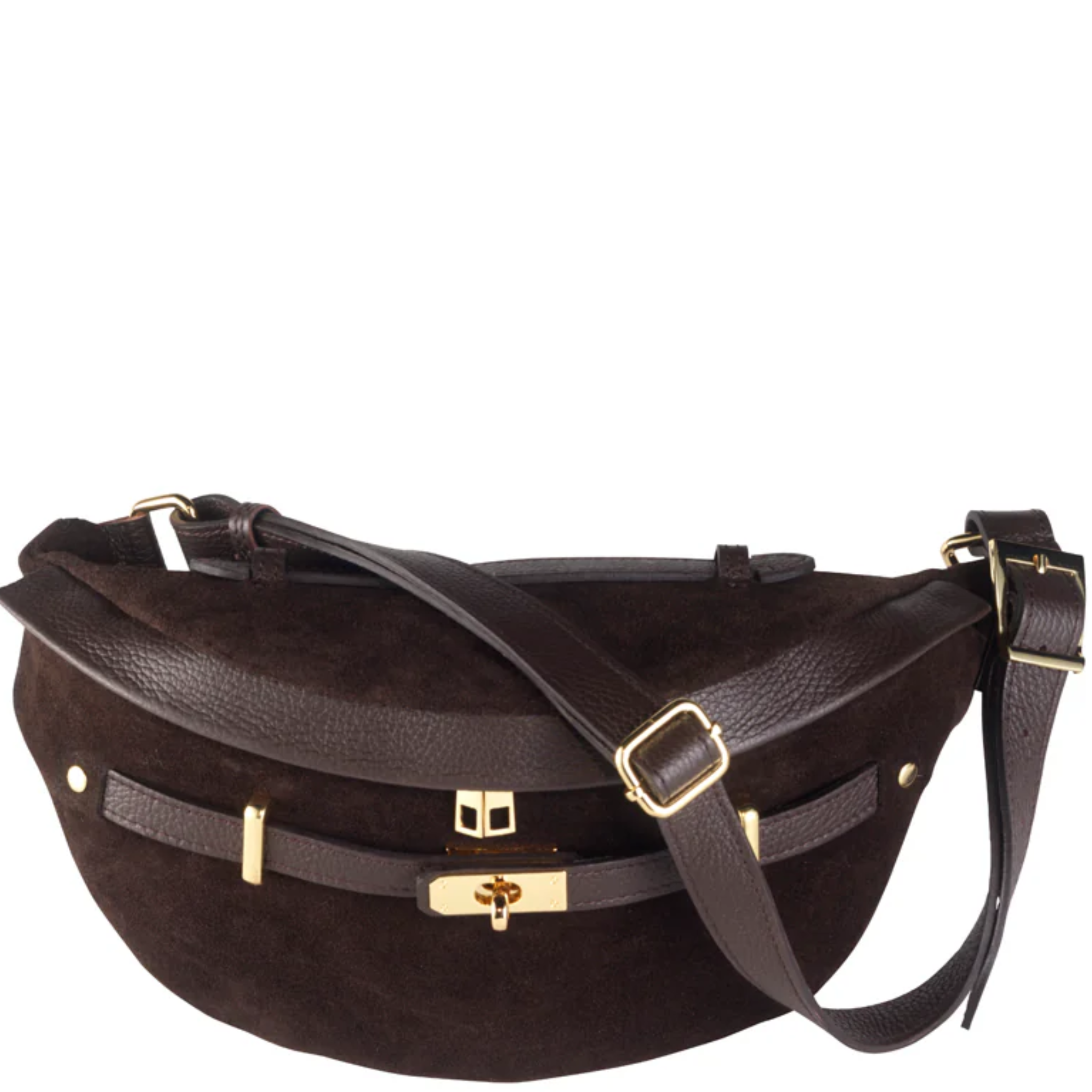 Justin Gregory RENEE belt bag with coquette heart and bow bag charm, stylish black leather bum bag for casual wear.
