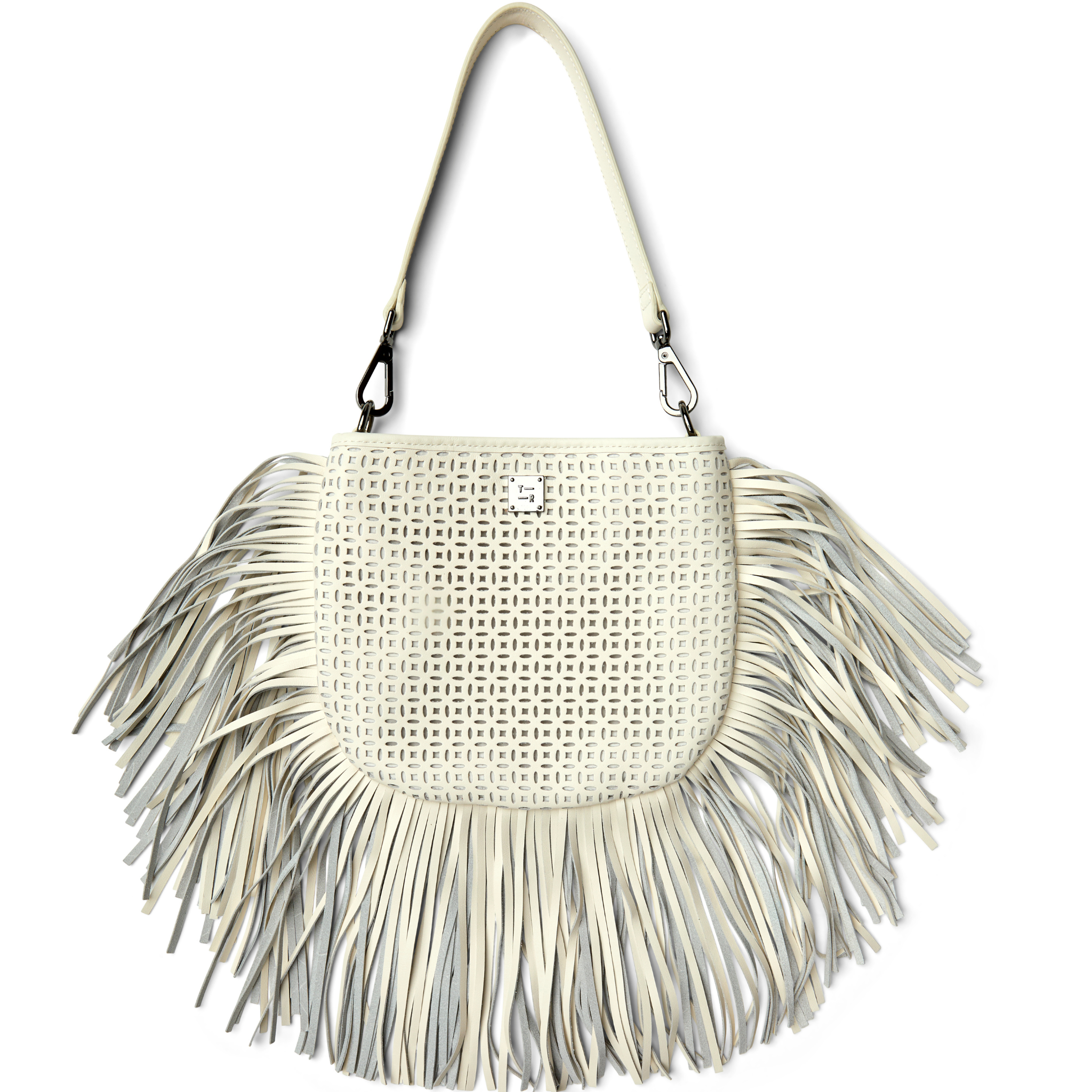 Leather Free Spirit Fringe Saddle Bag by Think Royln with decorative fringe and coquette heart and bow bag charm.