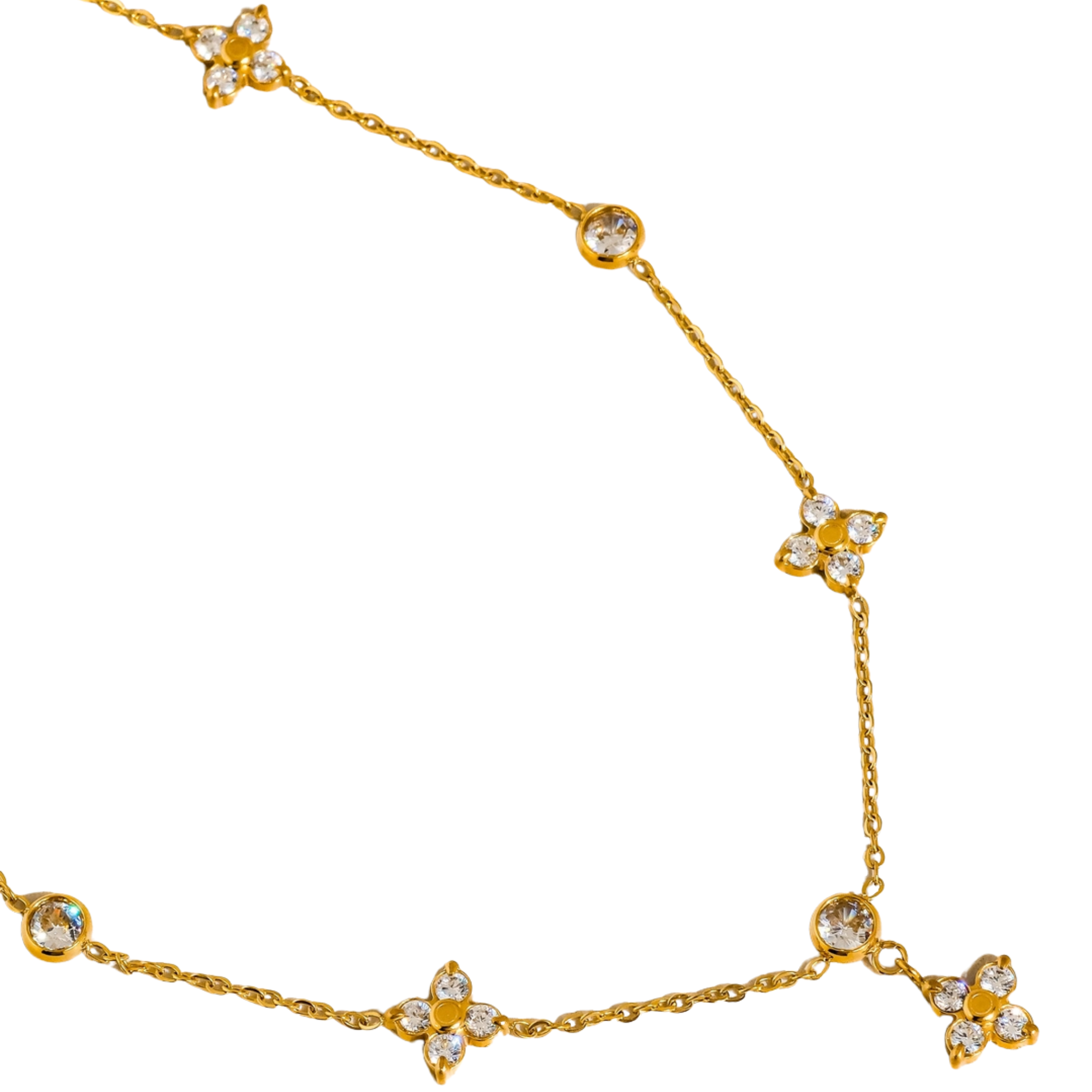 Aveline 18K gold floral chain necklace with non-tarnish finish and sparkling CZ accents.