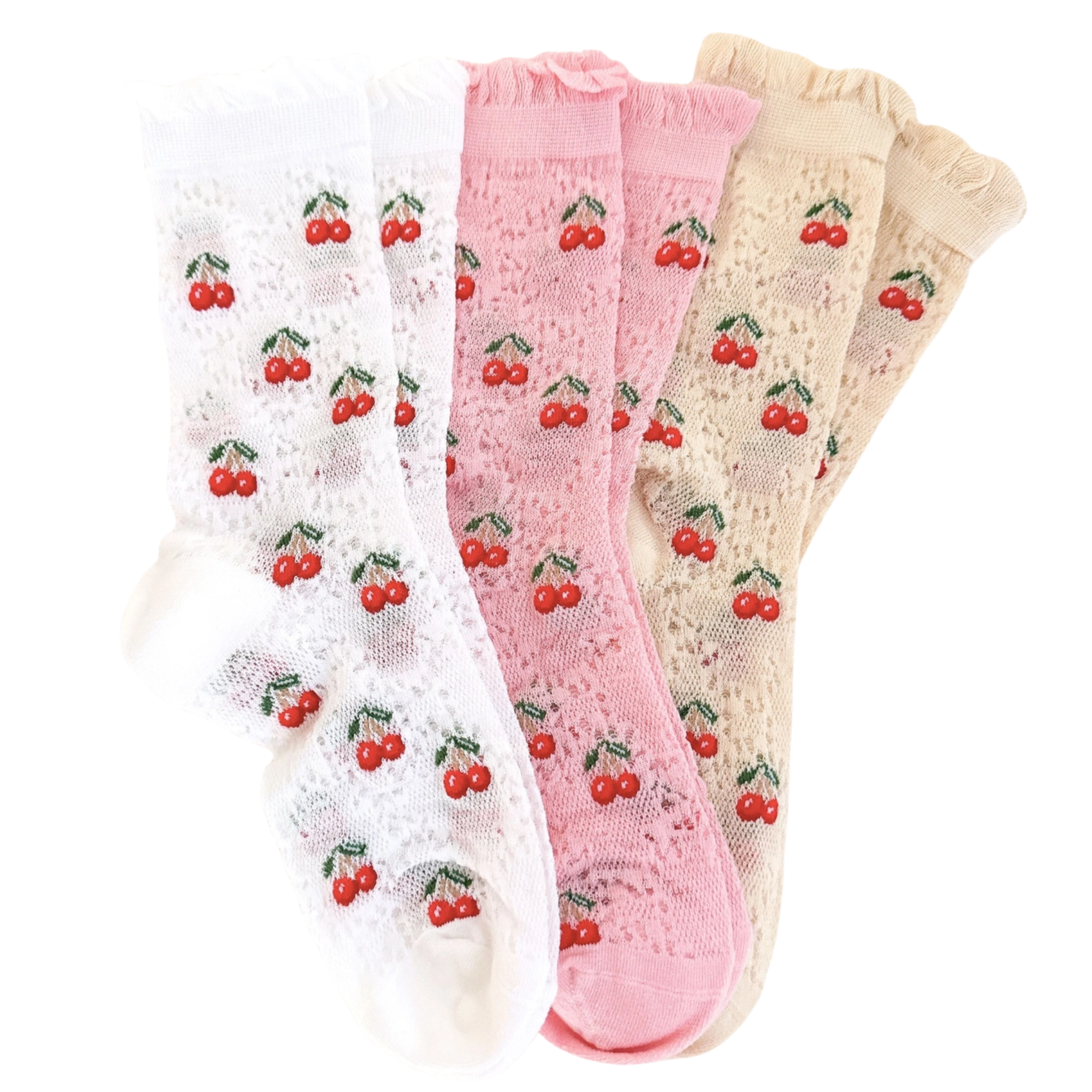 Set of three Cherry Vibe socks by Ellison + Young featuring playful cherry and bow designs, perfect for a stylish, fun look.